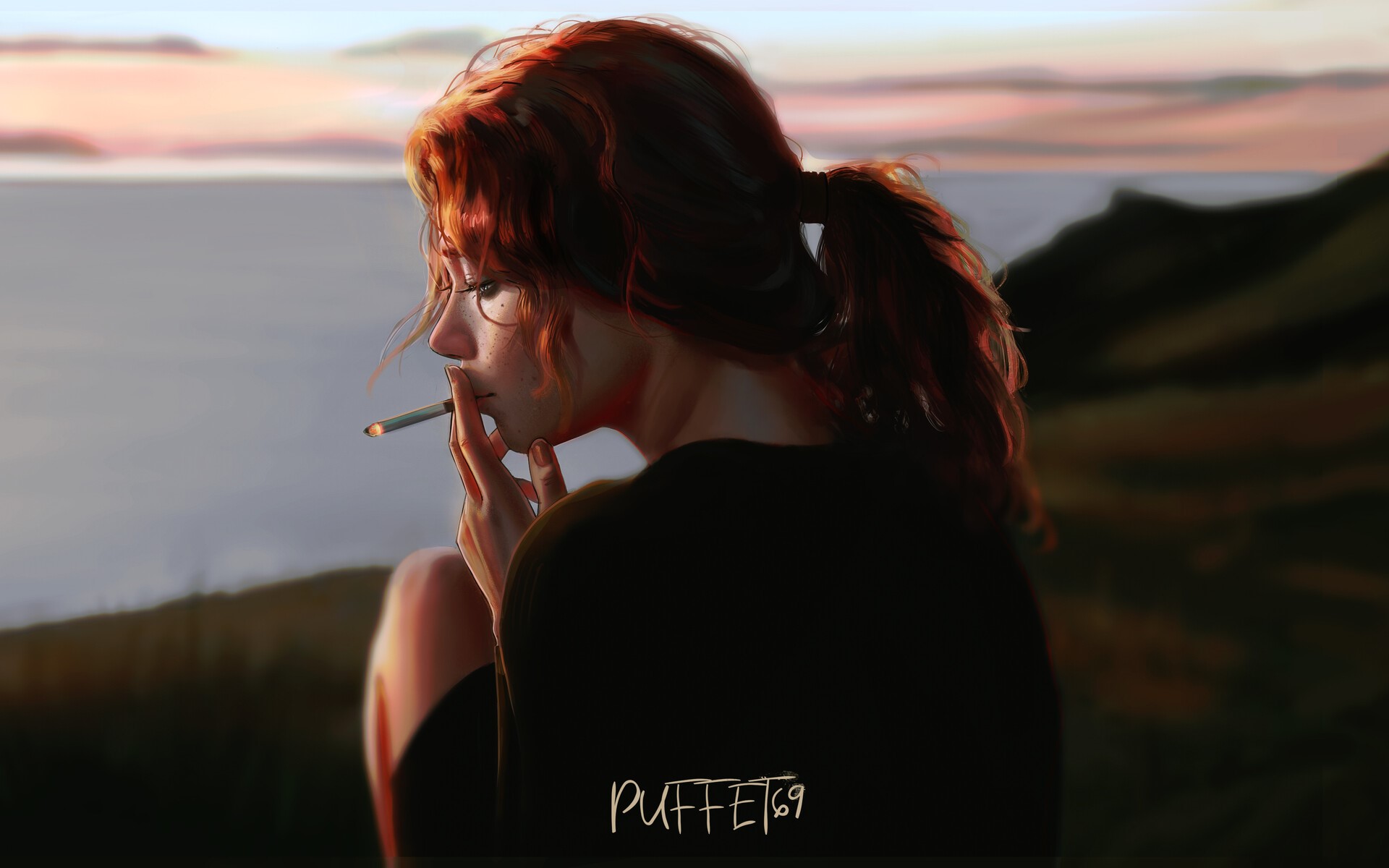 blurry background, digital art, redhead, cigarettes, women, freckles HD Wallpaper