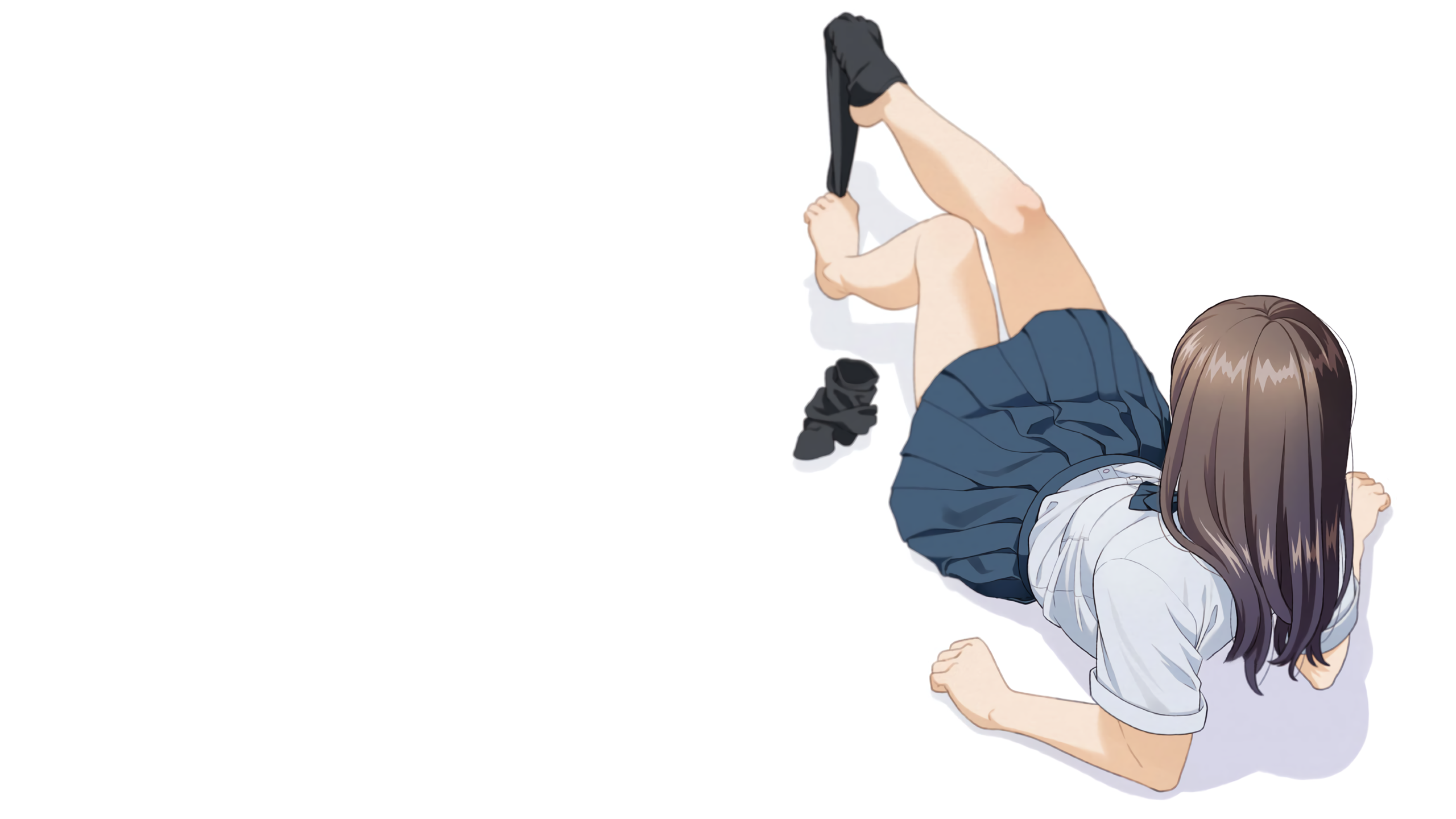 schoolgirl, Mattaku Mousuke, stockings, brunette, miniskirt, simple background, anime, thighs, anime girls, missing sock, school uniform HD Wallpaper