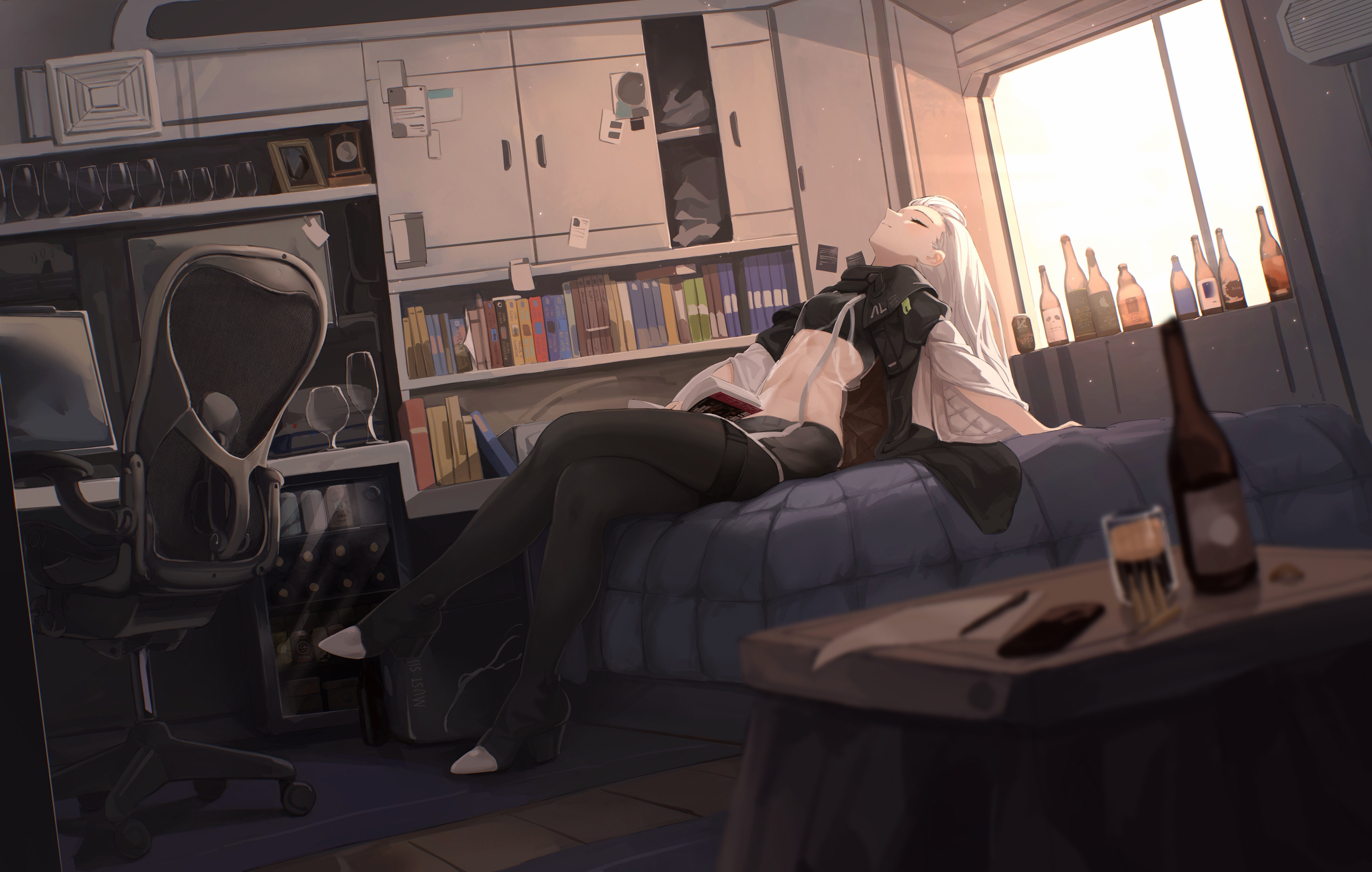 4K, bare midriff, anime girls, Girls Frontline, AK-Alfa (Girls Frontline), white hair, room, anime, long hair, ReI Leyi HD Wallpaper