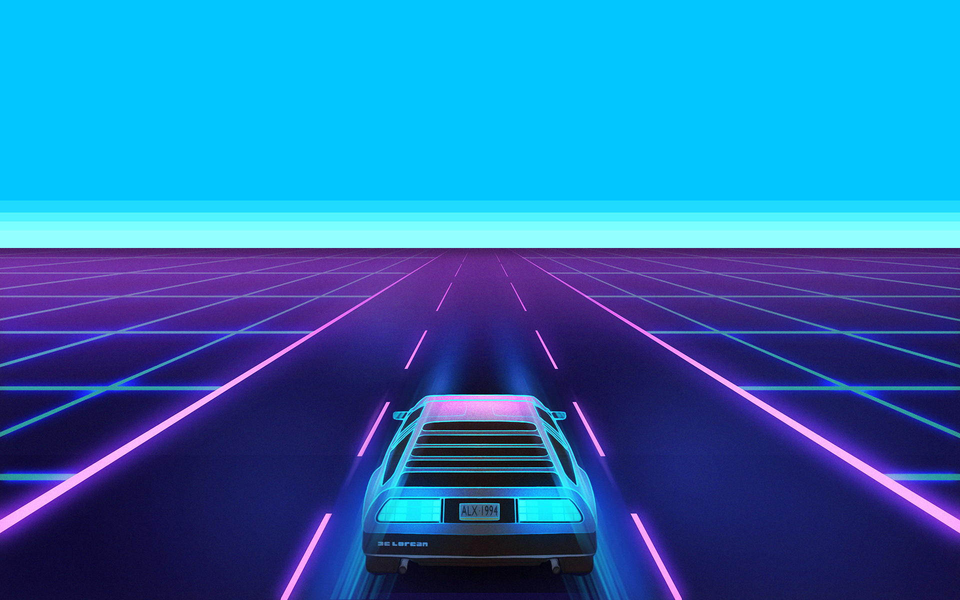 pixelated, digital, Retrowave, pixels, DeLorean, cyan background, minimalism, purple, cyan HD Wallpaper