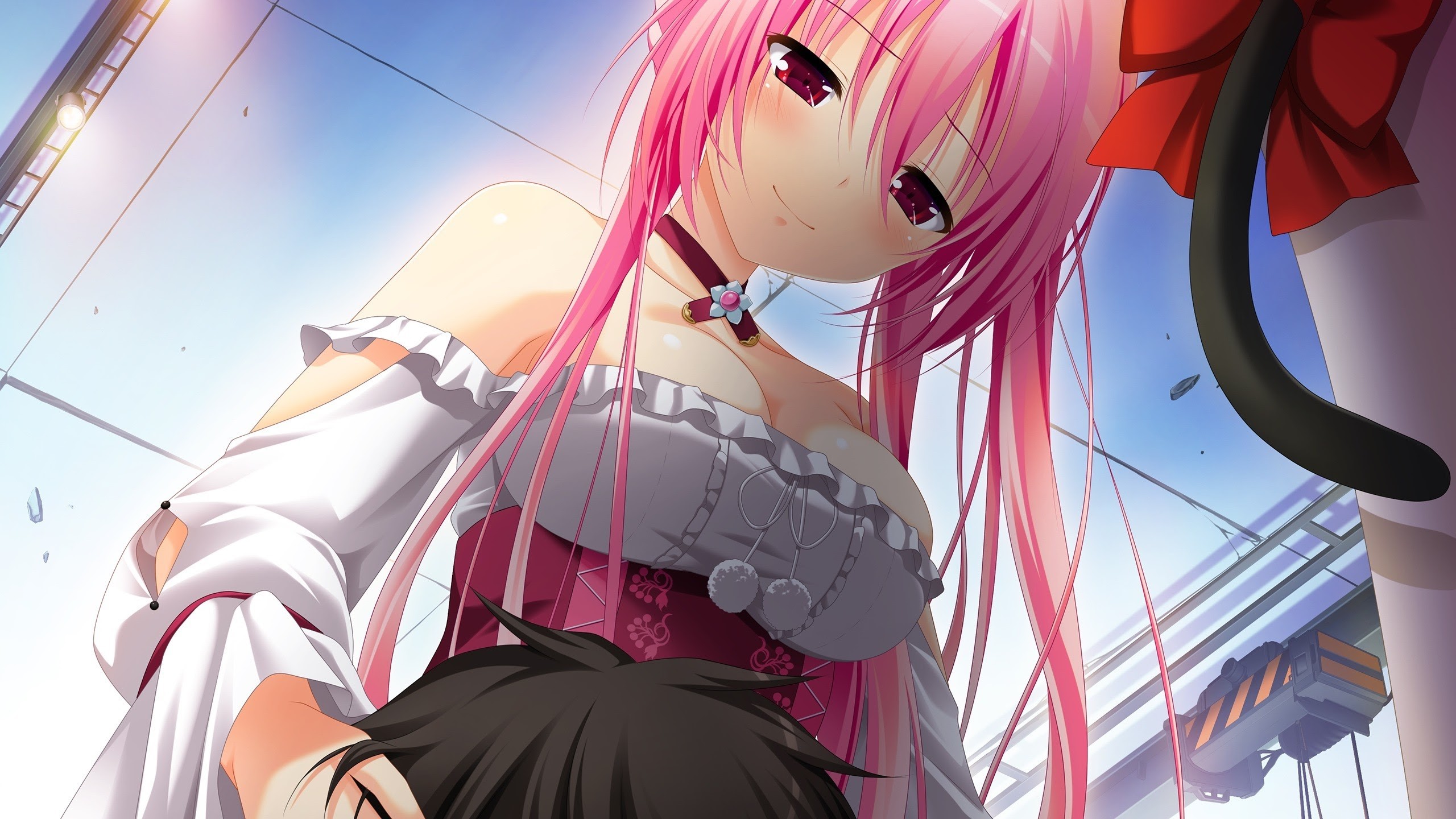 Gensou no Idea, Nanami Naru (Gensou no Idea), pink hair, red eyes, smiling, long hair, Makita Maki, anime girls HD Wallpaper