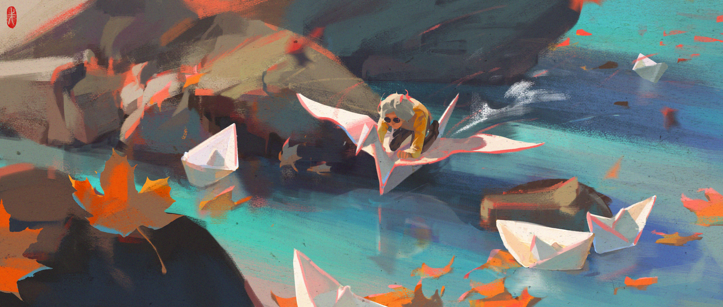 rocks, water, origami, fantasy art, flying, glasses, men, paper cranes, petals, paper boats, digital art HD Wallpaper