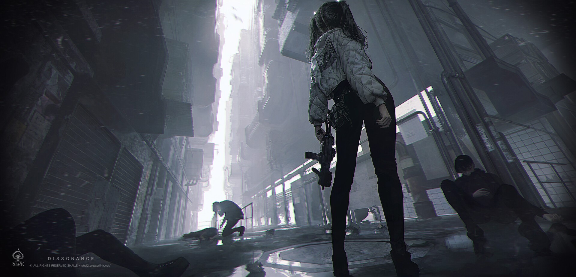 pigtails, drawing, women, submachine gun, weapon, alleyway, Shal. E, jacket, low-angle HD Wallpaper
