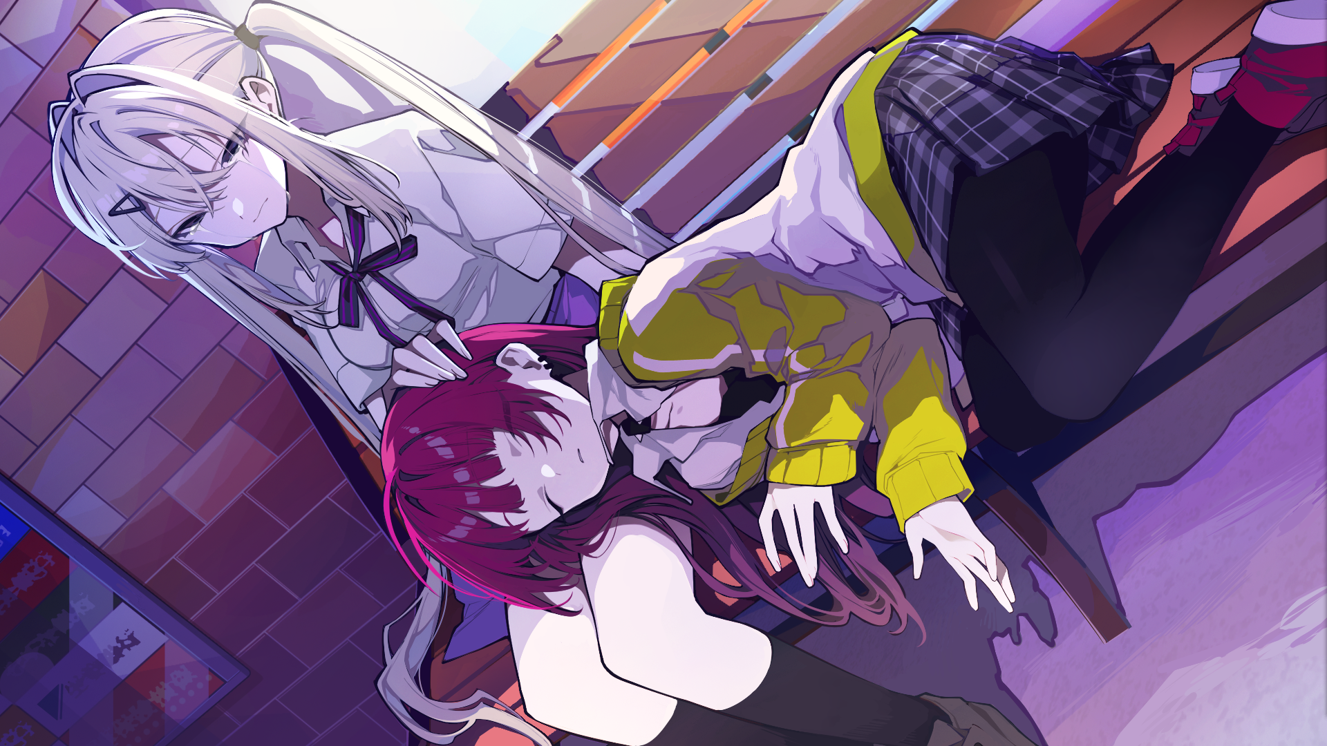 hand on head, Loopers, bench, long hair, sitting, anime, lying down, anime girls, two women HD Wallpaper