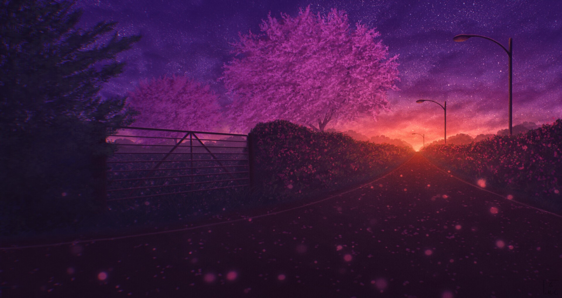 fence, Elizabeth Miloecute, street light, starry night, digital art, hedges, trees, street HD Wallpaper