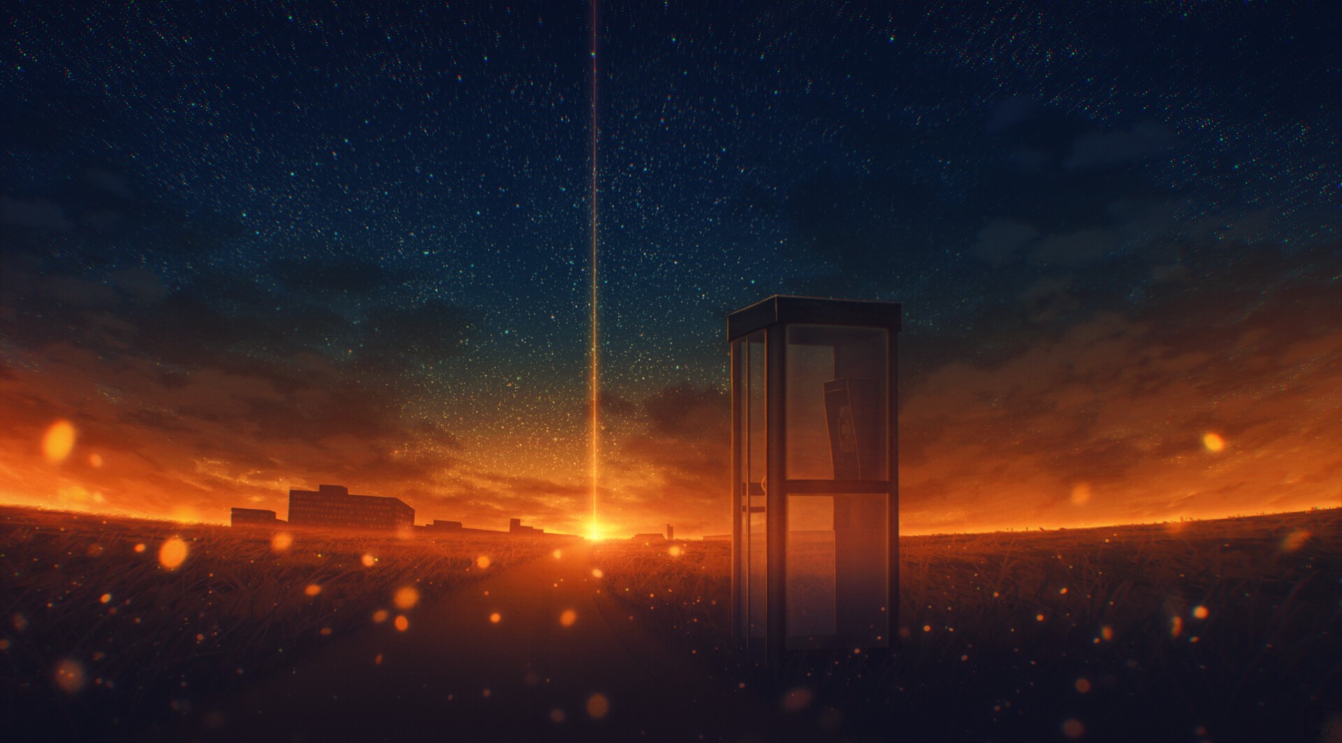 phone box, Elizabeth Miloecute, cityscape, sunrise, starry night, digital art, road, sunset HD Wallpaper