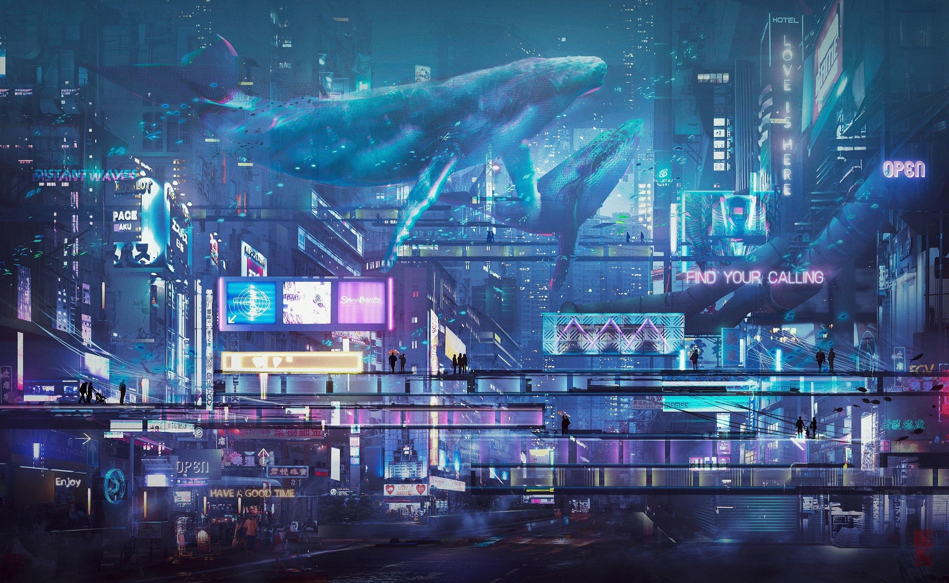artwork, city, whale, futuristic HD Wallpaper