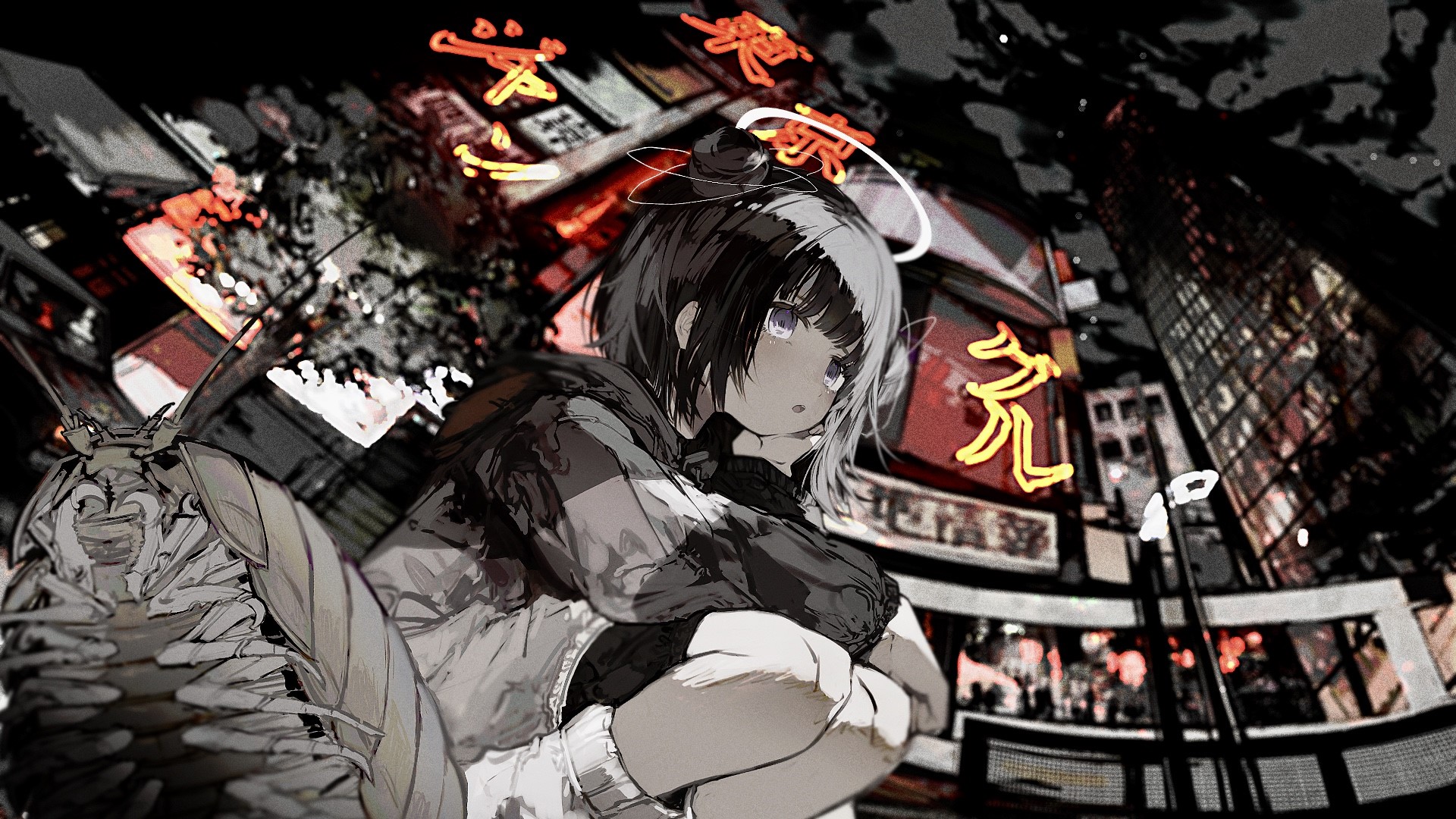 neon lights, short hair, anime girls, looking away, nimbus, jacket, anime, city lights, dark hair, Tekito Midori, clouds, woodlouse, purple eyes HD Wallpaper