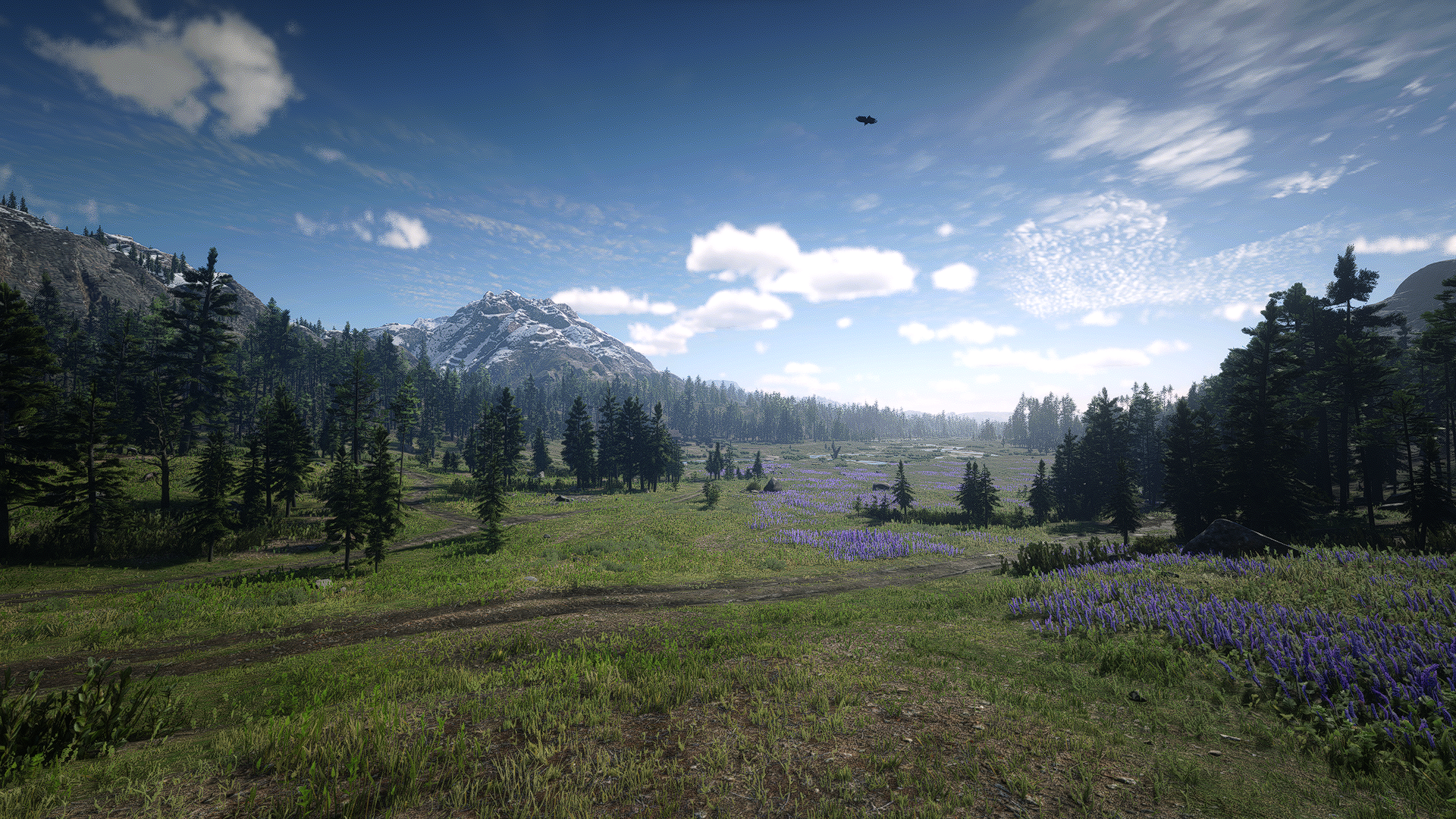 hills, Red Dead Redemption 2, mountains, video games, screen shot, clouds, landscape, Red Dead Redemption, nature, grass, trees, PC gaming, flowers HD Wallpaper