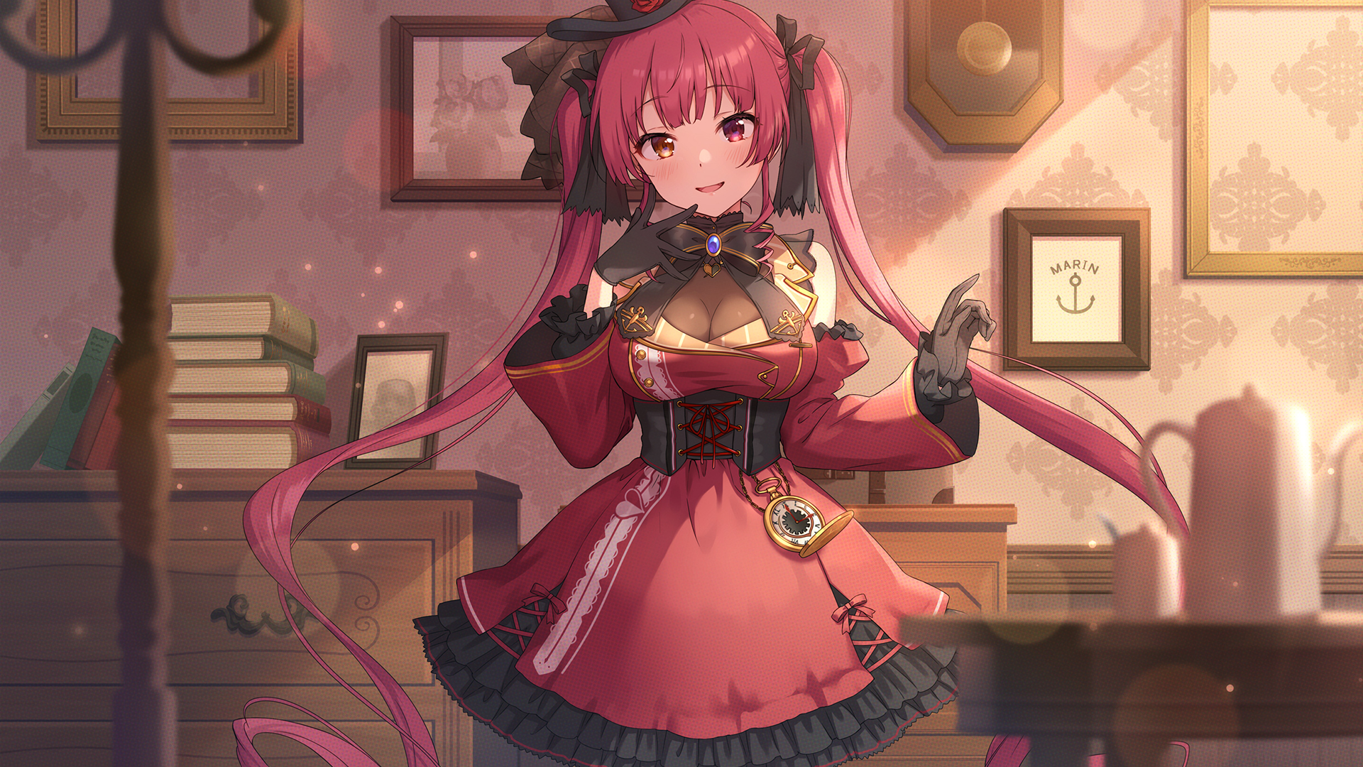 Houshou Marine, gothic lolita, Virtual Youtuber, Hololive, redhead HD Wallpaper