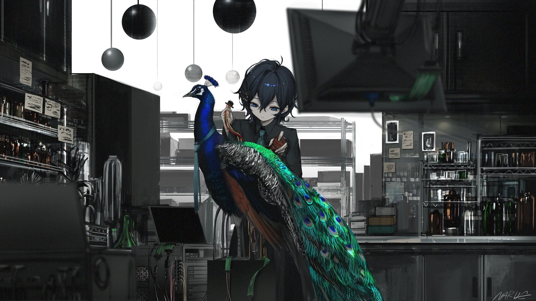 tuxedo, bottles, barrette, monitor, anime, anime girls, black hair, robot, blue eyes, laboratories, wires, peacocks, short hair HD Wallpaper