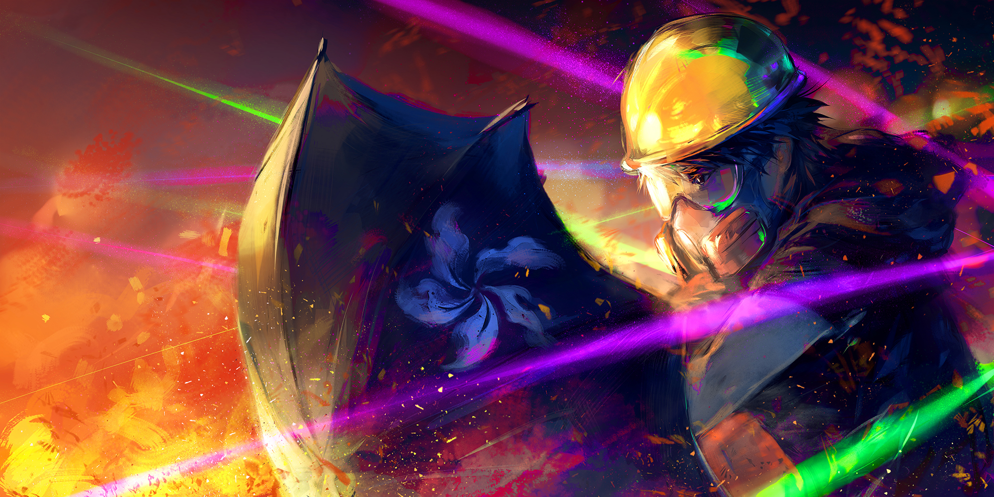 gas masks, Hong Kong, mask, helmet, umbrella, lasers, protestors, jacket, digital art, men, smoke, short hair HD Wallpaper