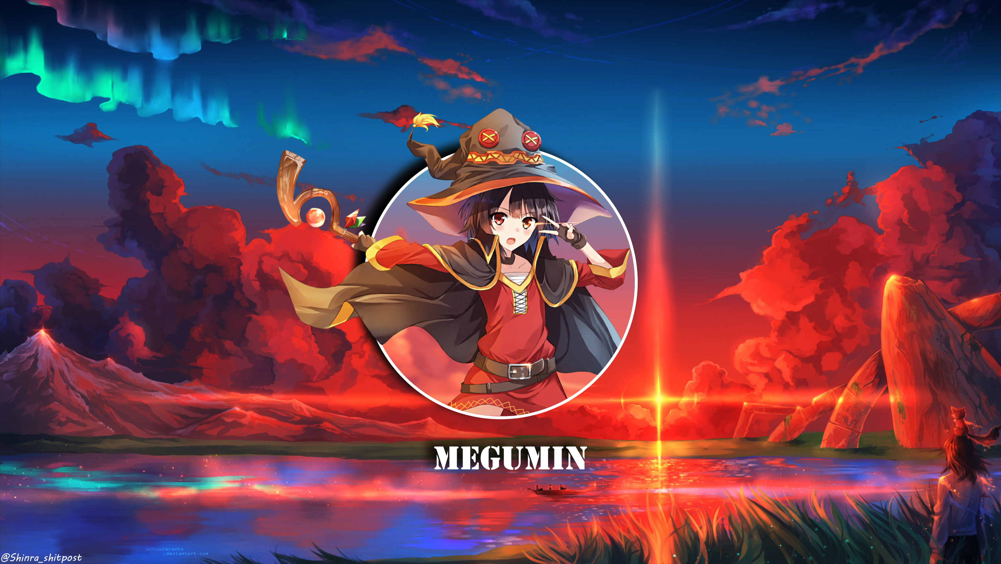 Megumin (KonoSuba), waifu2x, anime girls, landscape, picture-in-picture HD Wallpaper
