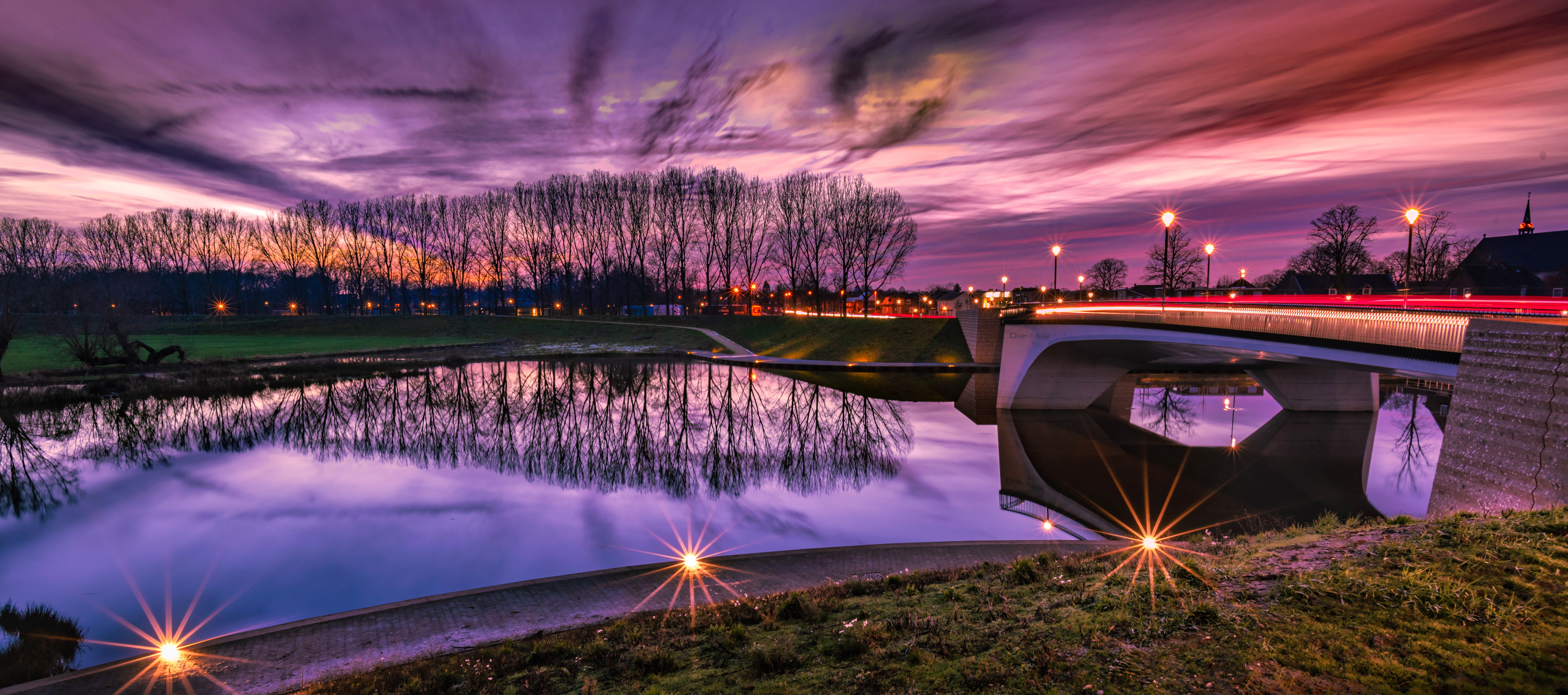 4K, night, light trails, reflection, urban, sky, water, photography, outdoors, HDR, lights, bridge HD Wallpaper