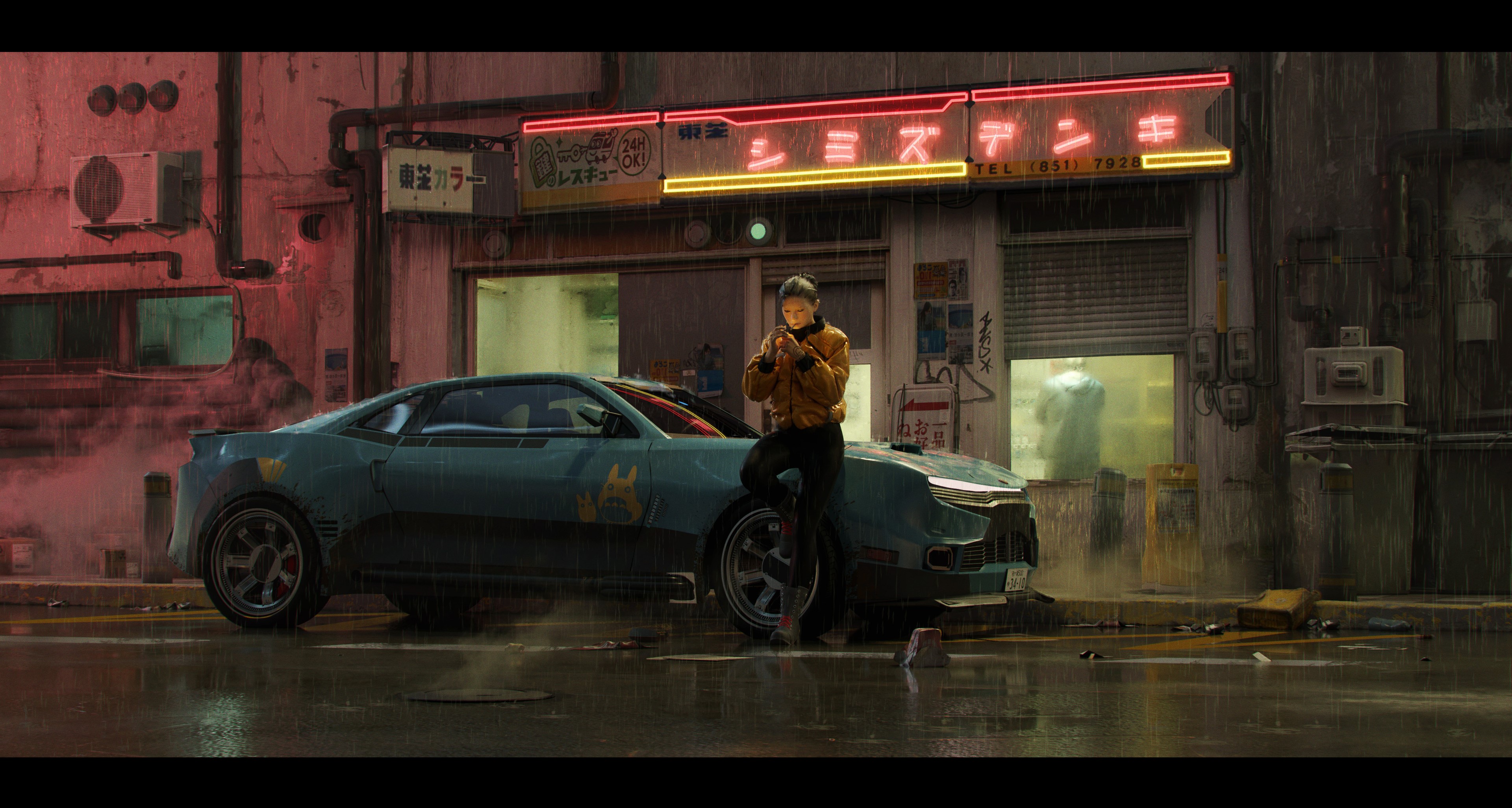 4K, neon, artwork, Futurism, car, digital art HD Wallpaper