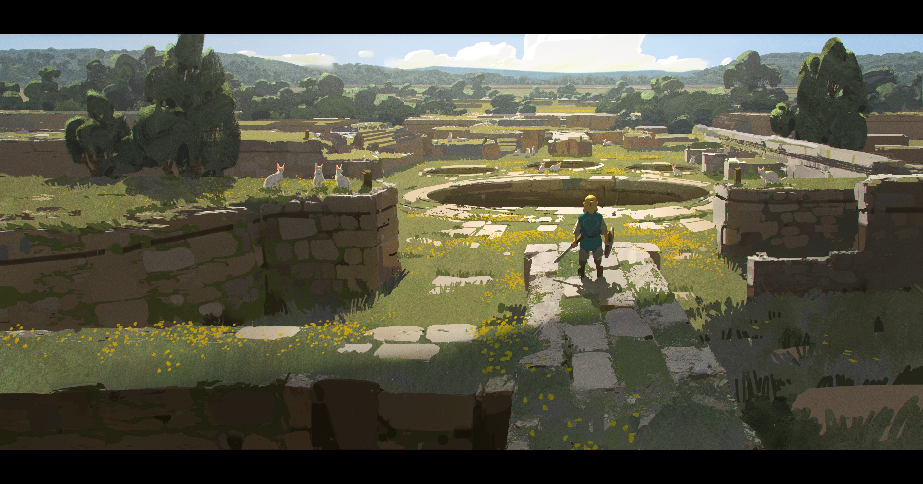 ruins, fantasy art, Jad Saber, animals, sword, trees, digital art, artwork, ArtStation, shield, landscape HD Wallpaper
