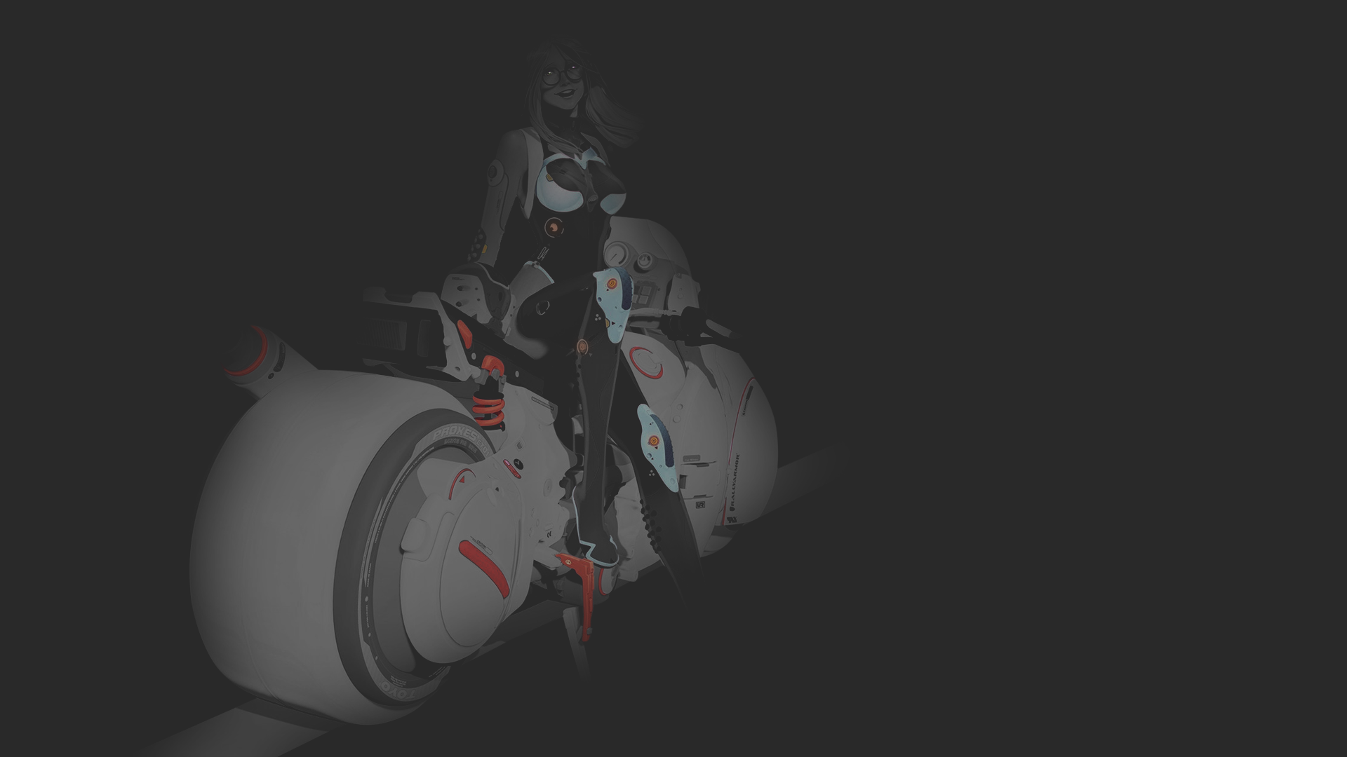 texture, illustration, uniform, monochrome, fan art, armor, anime girls, cyberpunk, motorcycle, minimalism, selective coloring, dark background HD Wallpaper