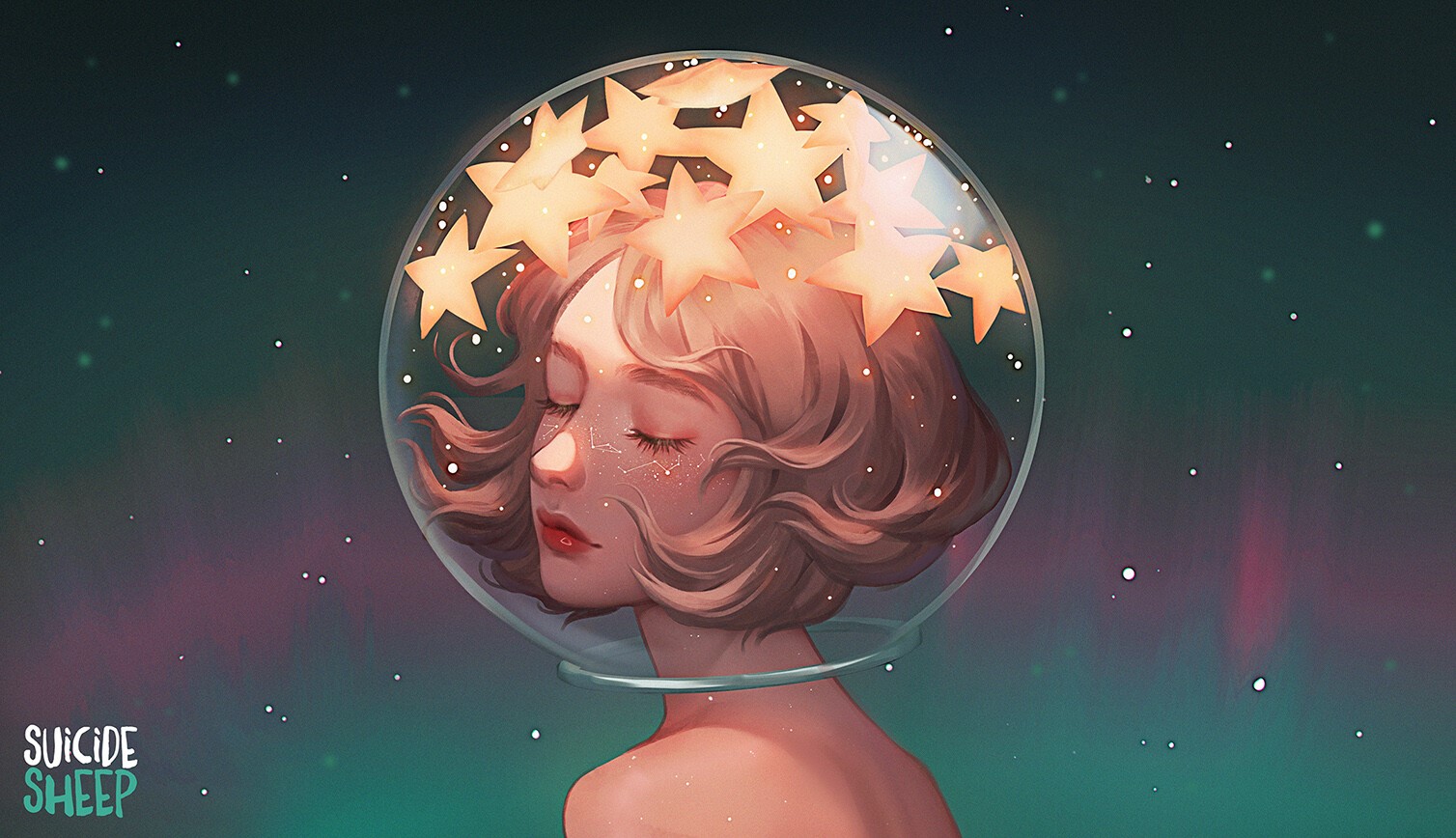 brunette, artwork, red lipstick, fantasy art, astronaut, stars, closed eyes HD Wallpaper