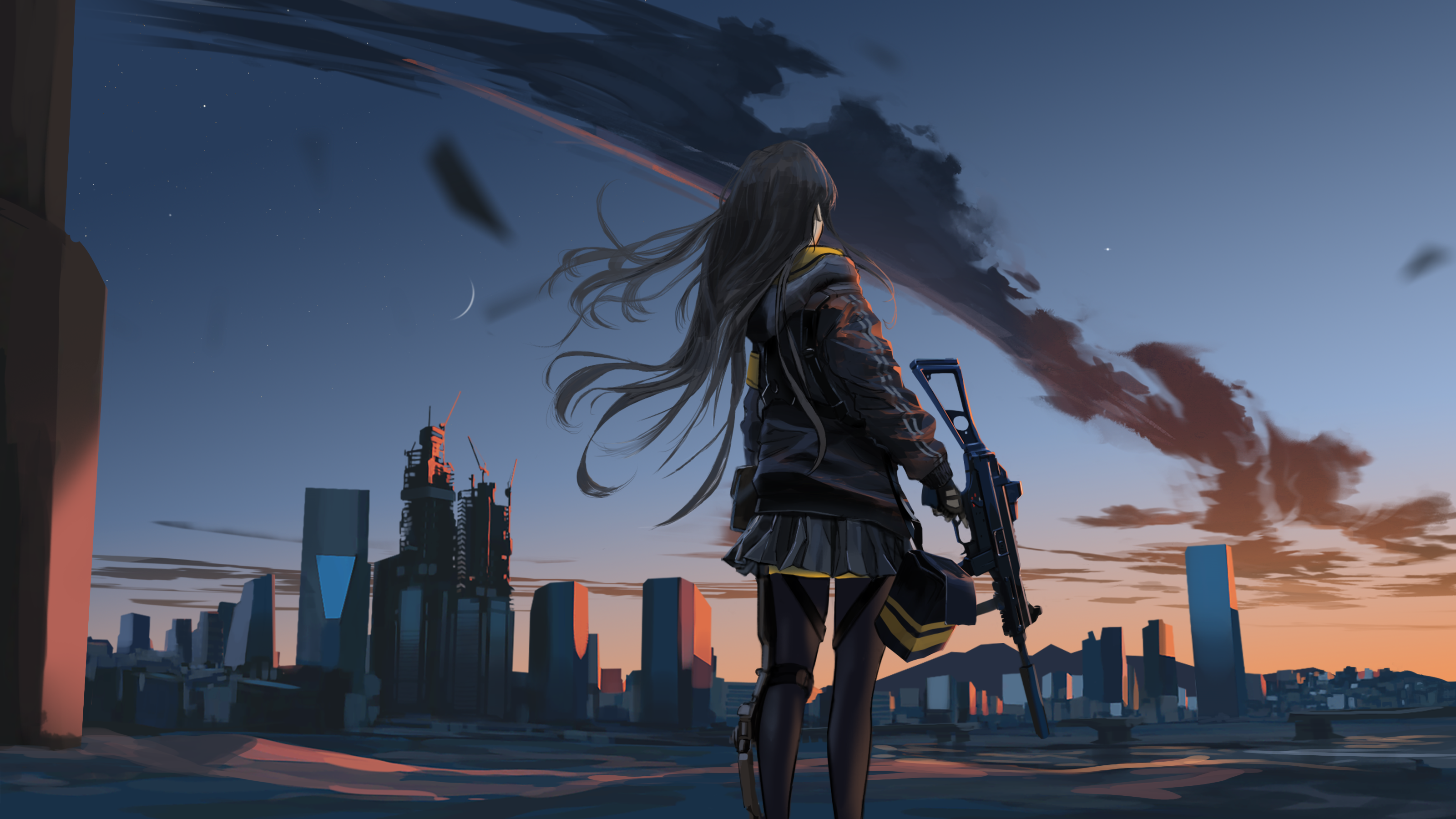 sunset, UMP45 (Girls Frontline), cityscape, illustration, city, sky, beett, Girls Frontline, digital art HD Wallpaper