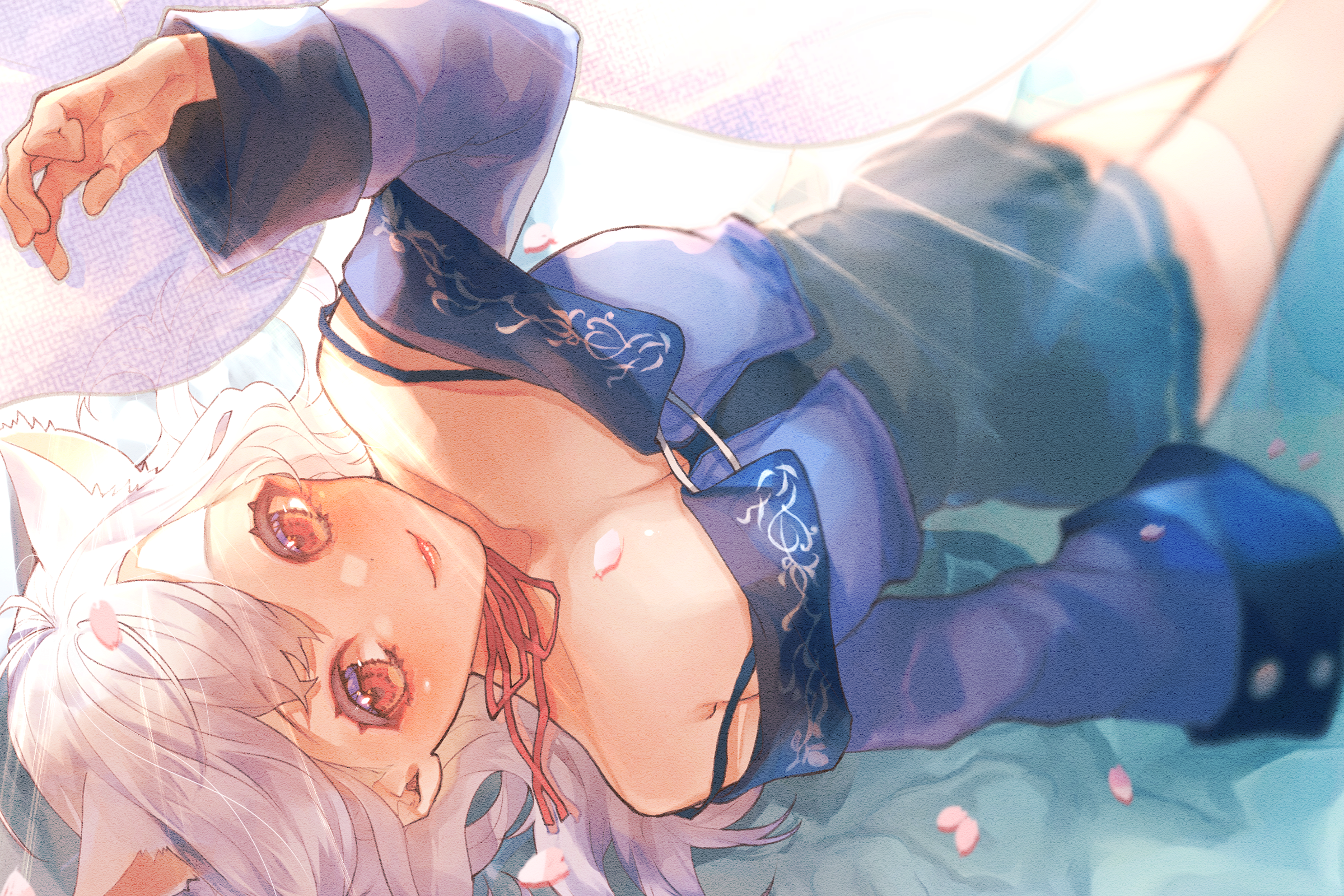 looking at viewer, ribbons, cat ears, curtains, blonde, red eyes, petals, long hair, anime girls, anime HD Wallpaper