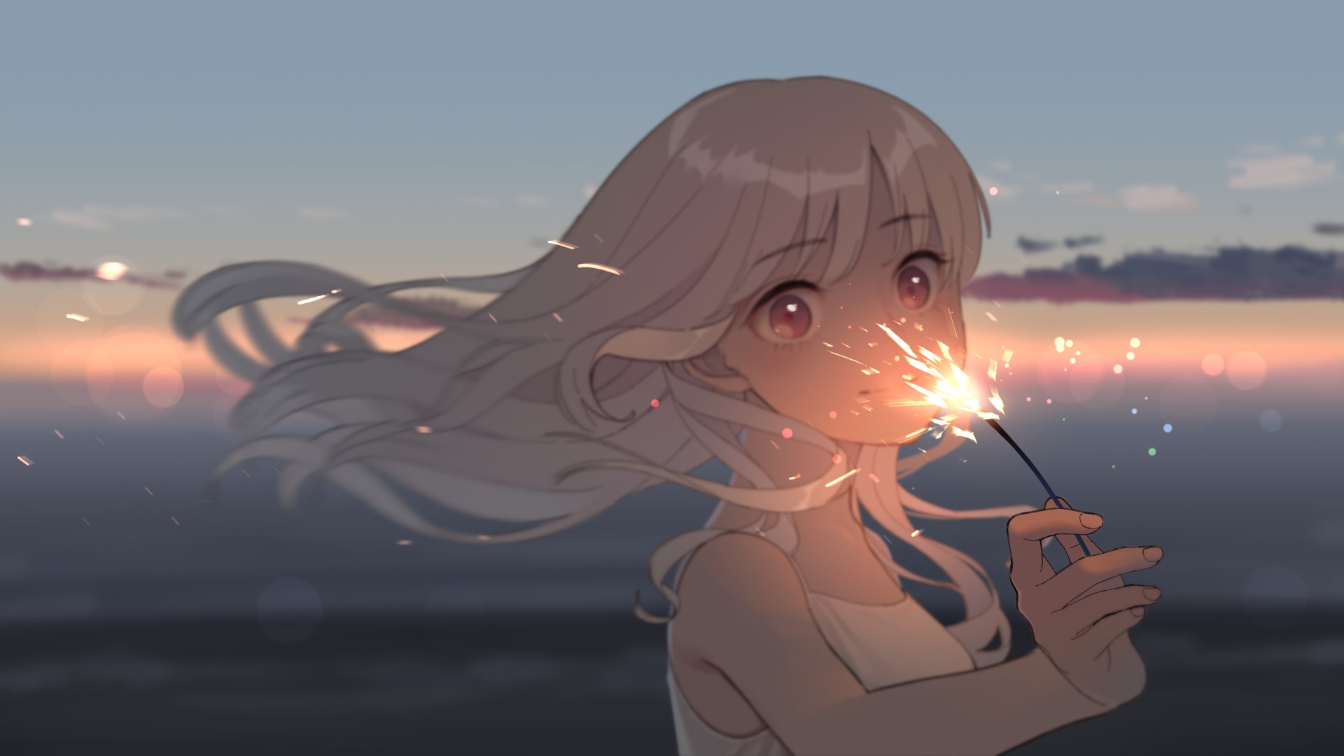 anime girls, blonde, long hair, anime, red eyes, sparklers, looking at viewer HD Wallpaper
