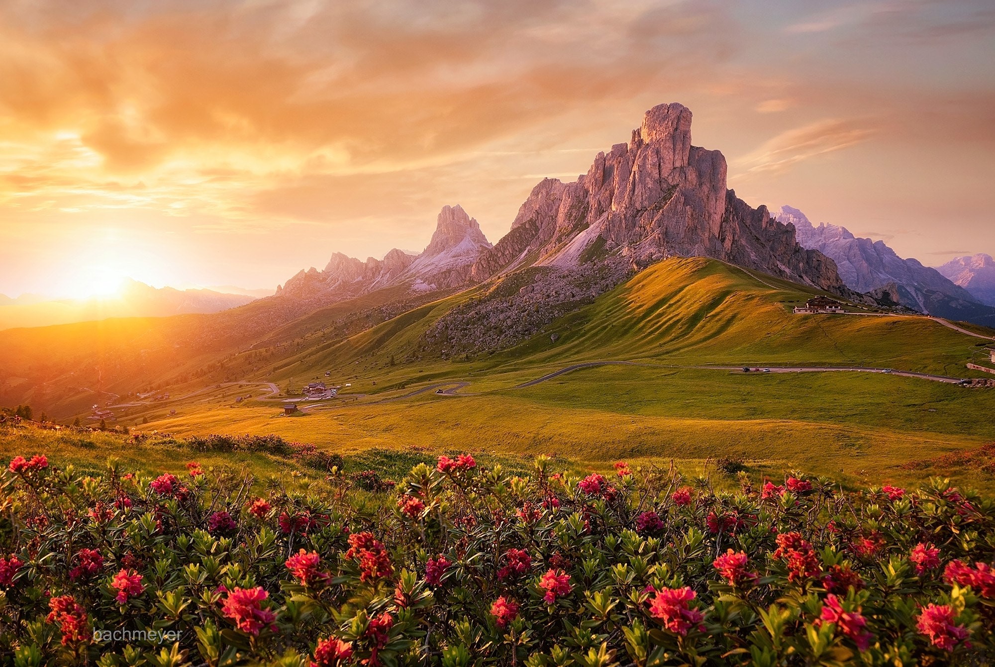 nature, grass, flowers, hills, sky, horizon, sunlight, Carsten Bachmeyer, landscape, cliff, clouds, sun rays HD Wallpaper
