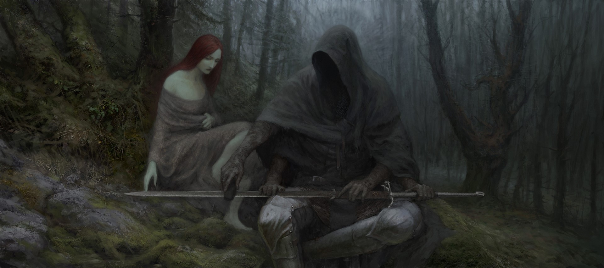 redhead, sword, Artem Demura, fantasy art, digital art, dark, hood, forest, creature, trees HD Wallpaper