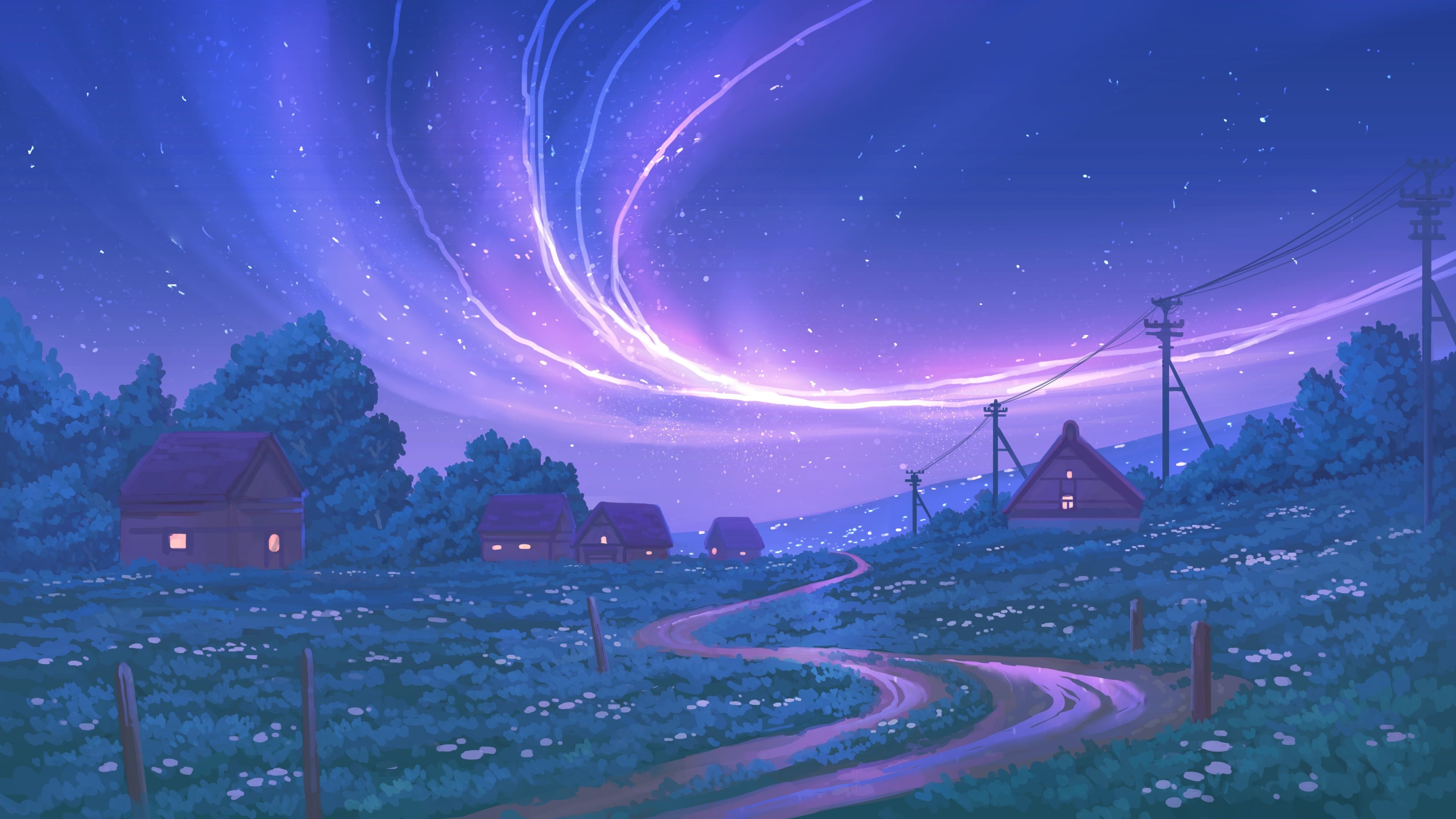 4K, digital art, nature, sky, artwork, night, village, path HD Wallpaper