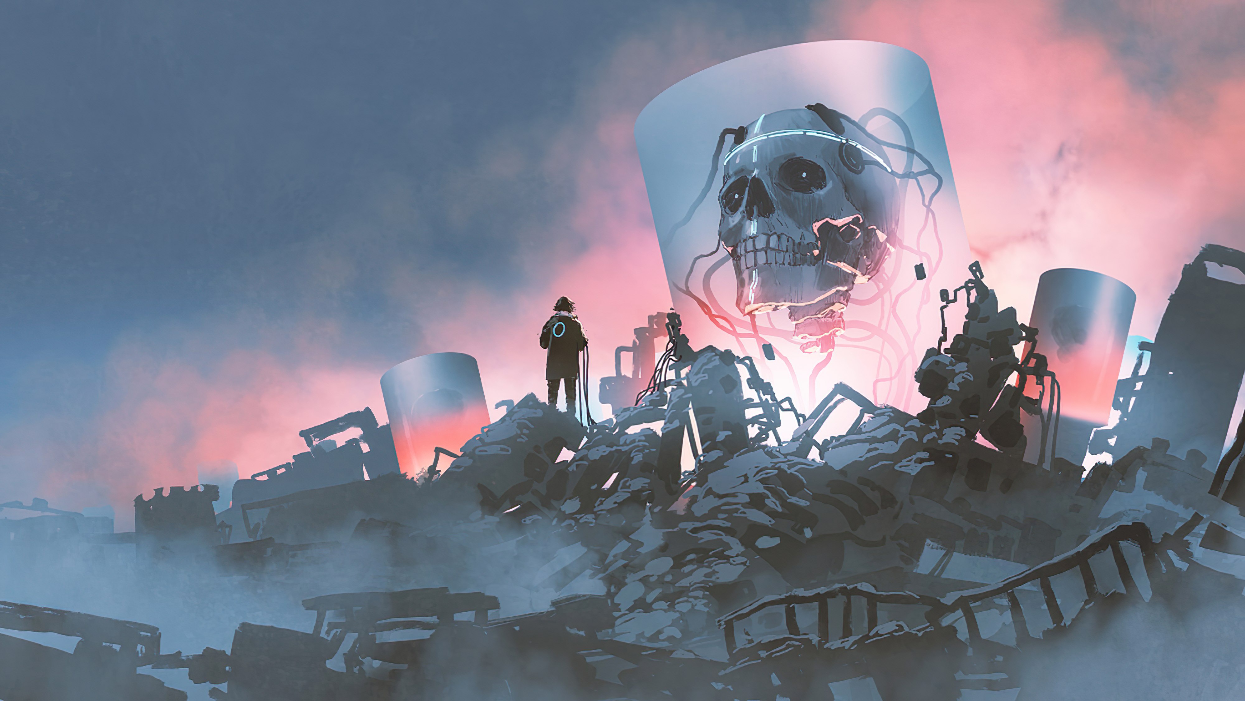 Giant skull in a futuristic ruin HD Wallpaper