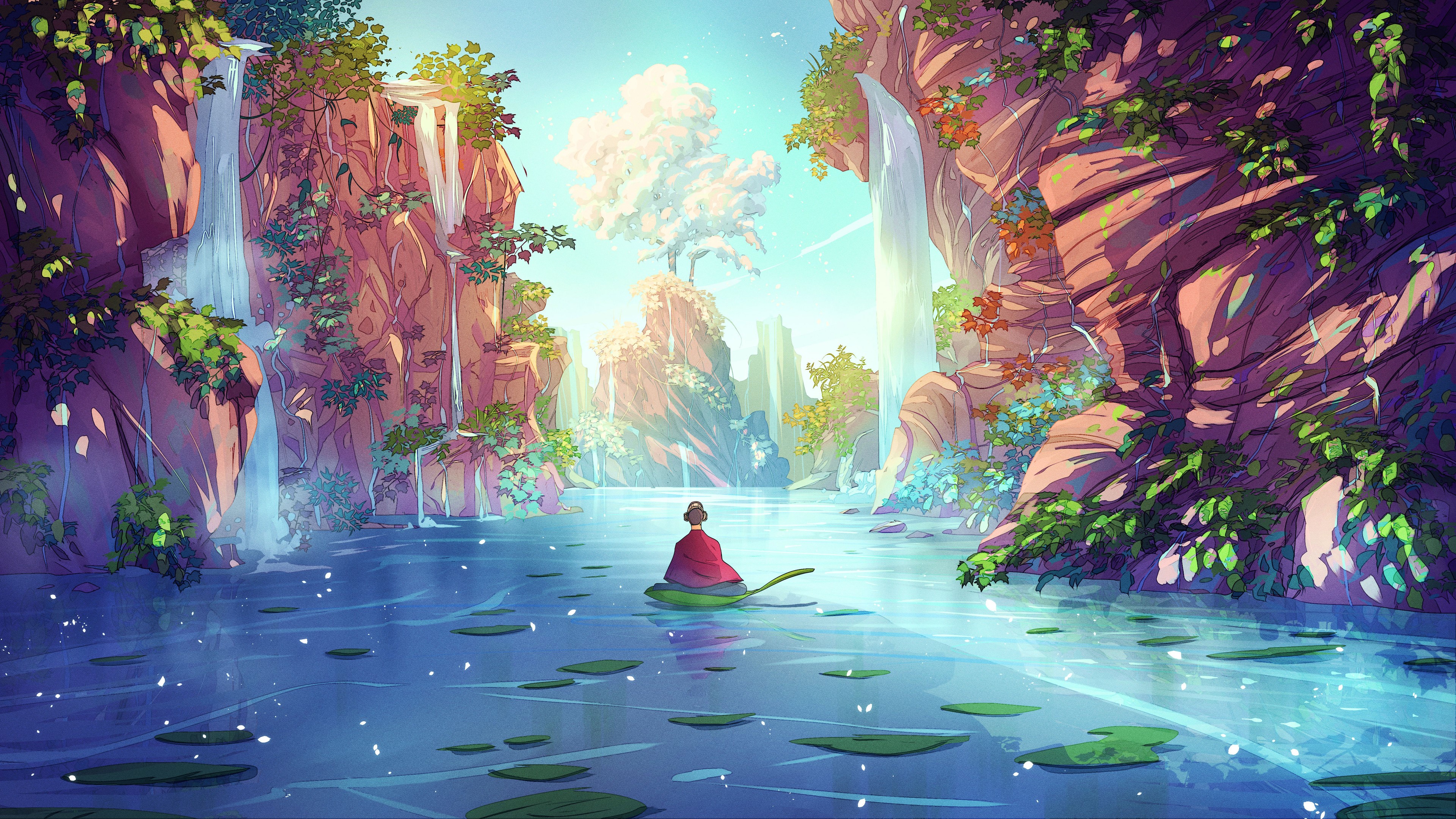 4K, waterfall, meditation, Christian Benavides, digital art, lily pads, men, monks, river HD Wallpaper
