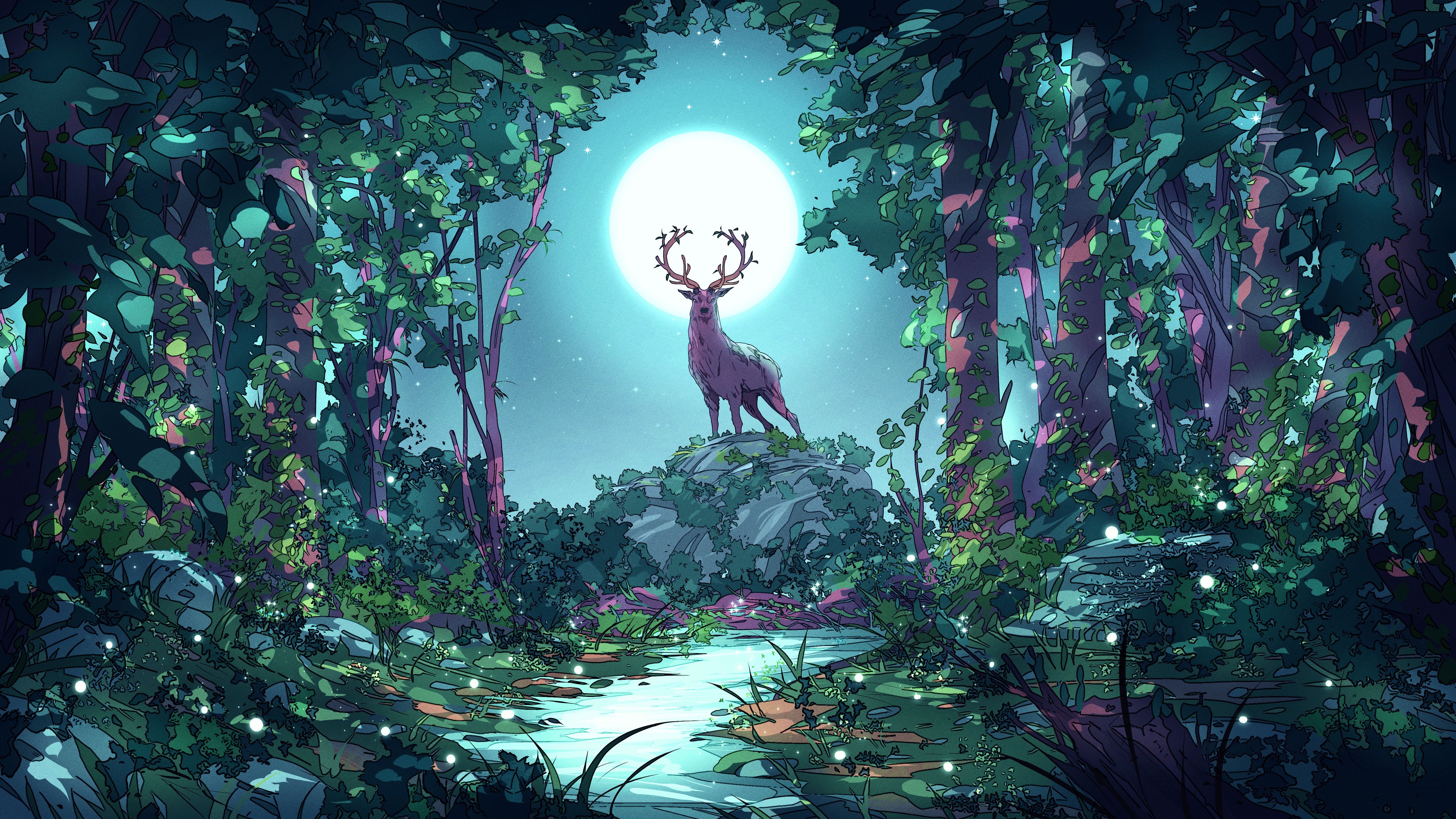 4K, forest, digital art, Moon, fantasy art, Christian Benavides, stream, deer, night HD Wallpaper