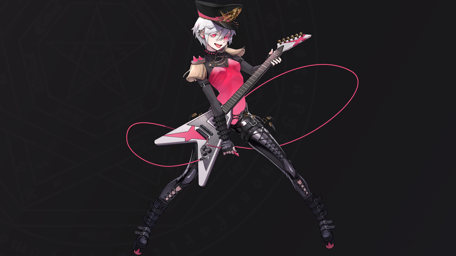 guitar, anime girls, red eyes, boots, hat HD Wallpaper