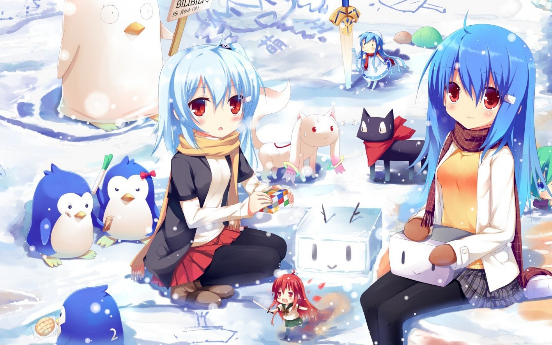 Shakugan no Shana, Mahou Shoujo Madoka Magica, Bilibili Douga, anime girls, Nichijou, Gintama, Clannad, Shinryaku! Ika Musume, Fate Series, snow, Ano Hi Mita Hana no Namae wo Bokutachi wa Mada Shiranai, Mawaru Penguindrum, Vocaloid, Liong, crossover HD Wallpaper