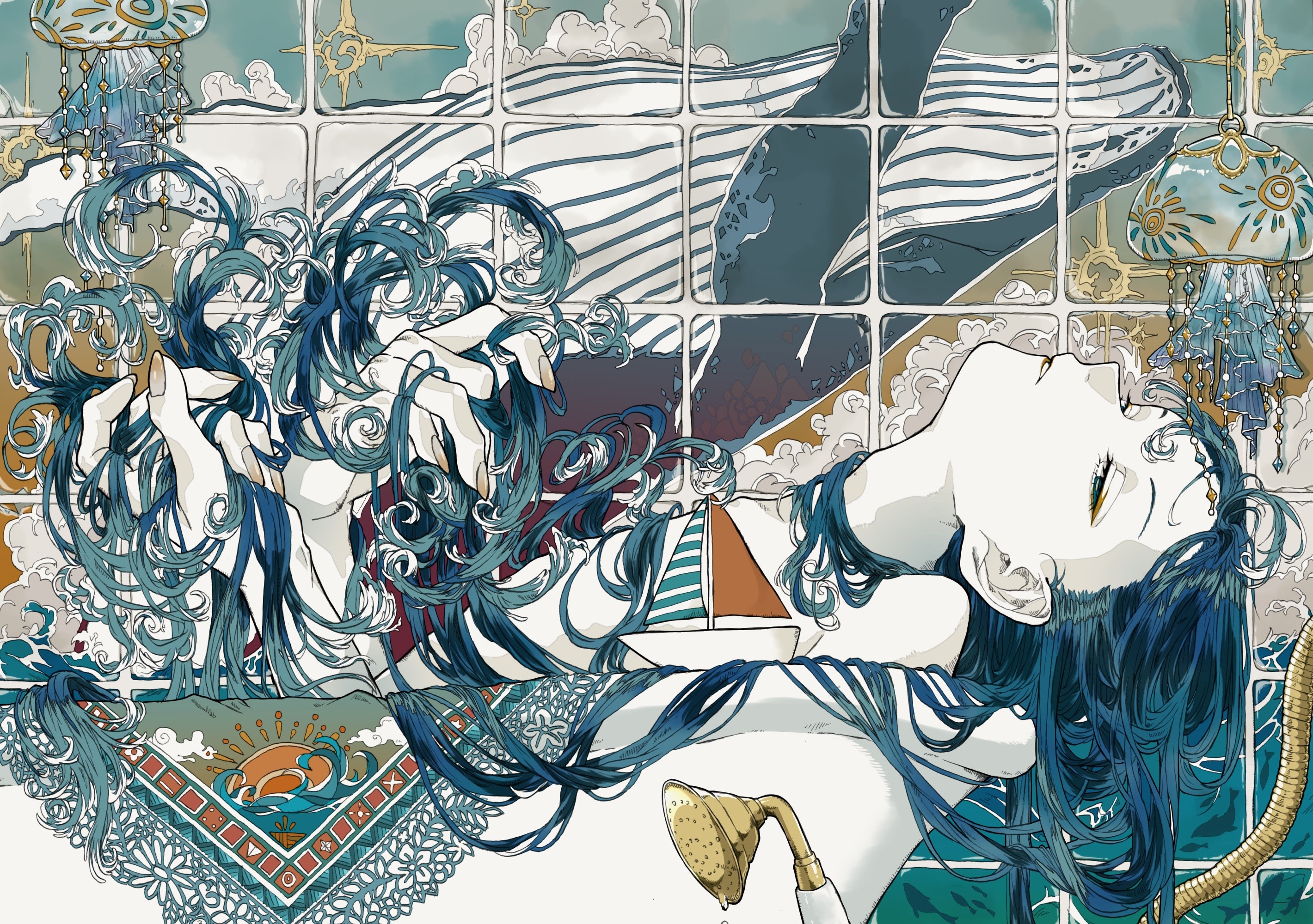 clouds, blue hair, whale, blue eyes, bathroom, bath, jellyfish, long nails, long hair, women, digital art HD Wallpaper
