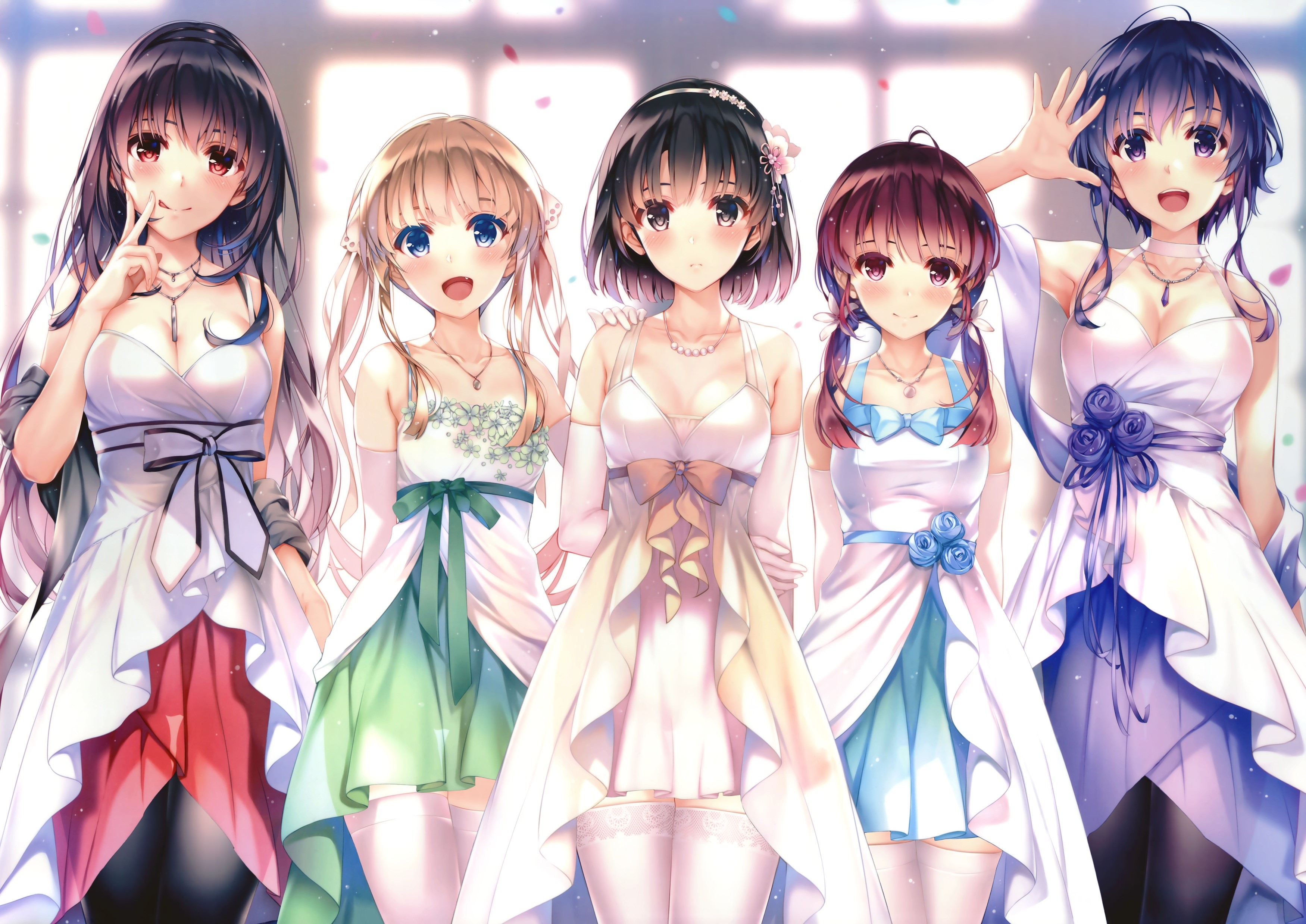 Sawamura Eriri Spencer, brunette, Kasumigaoka Utaha, anime, dress, smiling, cleavage, Hyoudou Michiru, standing, Saenai Heroine no Sodatekata, blush, anime girls, Hashima Izumi, blonde, Katou Megumi, Misaki Kurehito, dark hair HD Wallpaper