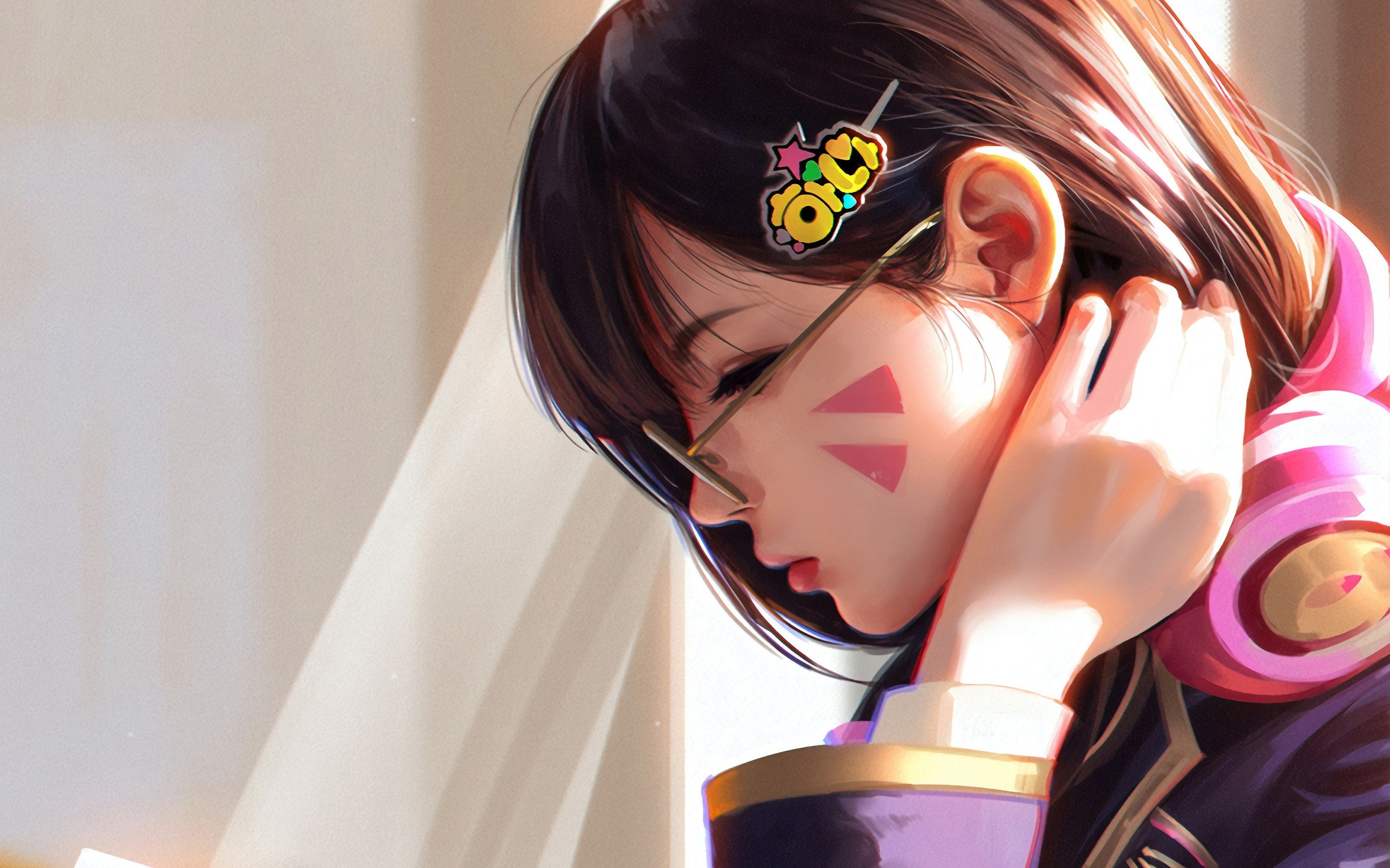 looking away, anime girls, simple background, face, Asian, headphones, D.Va (Overwatch), Korean women, women, PC gaming, video game girls, women with glasses, brunette HD Wallpaper