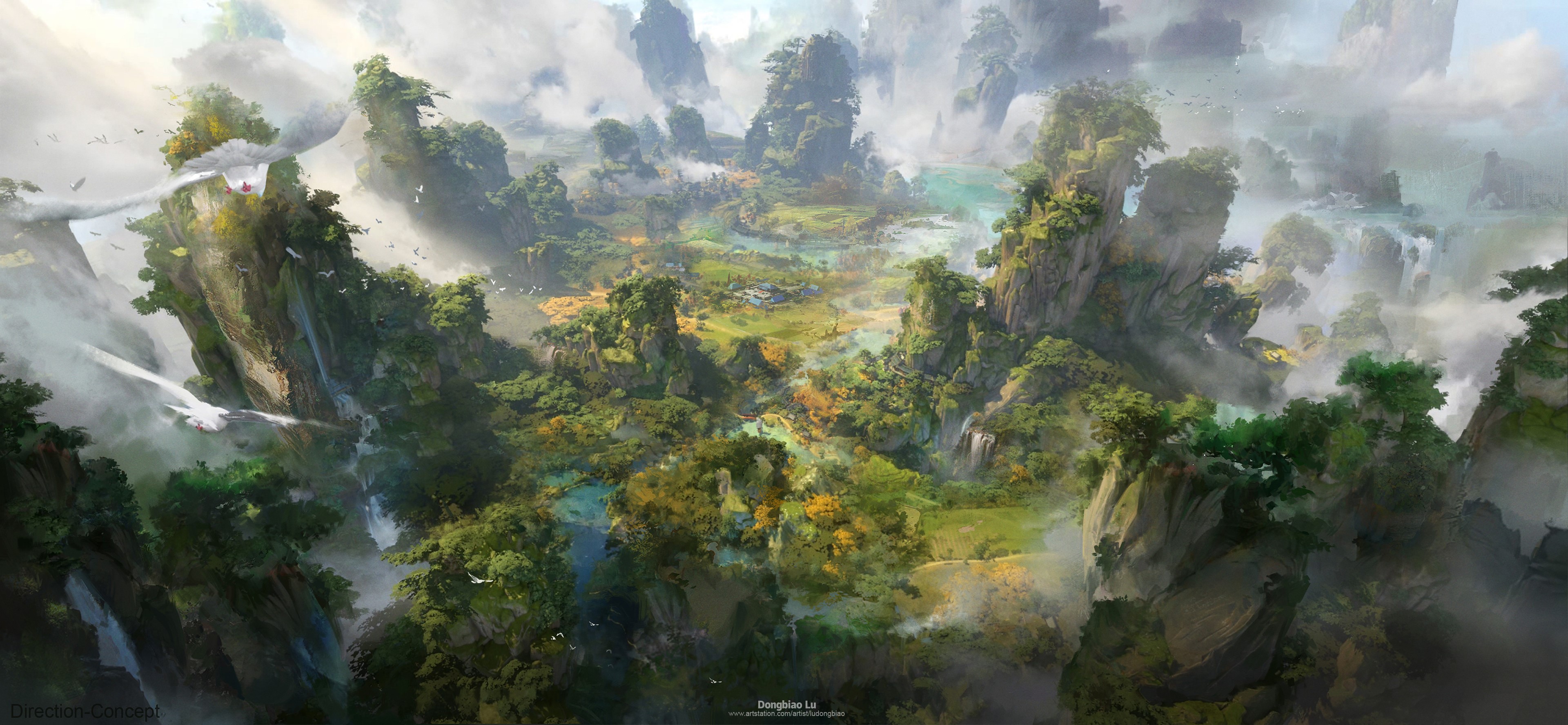 4K, birds, landscape, Dongbiao Lu, mountains, clouds, ruins, digital art, forest HD Wallpaper