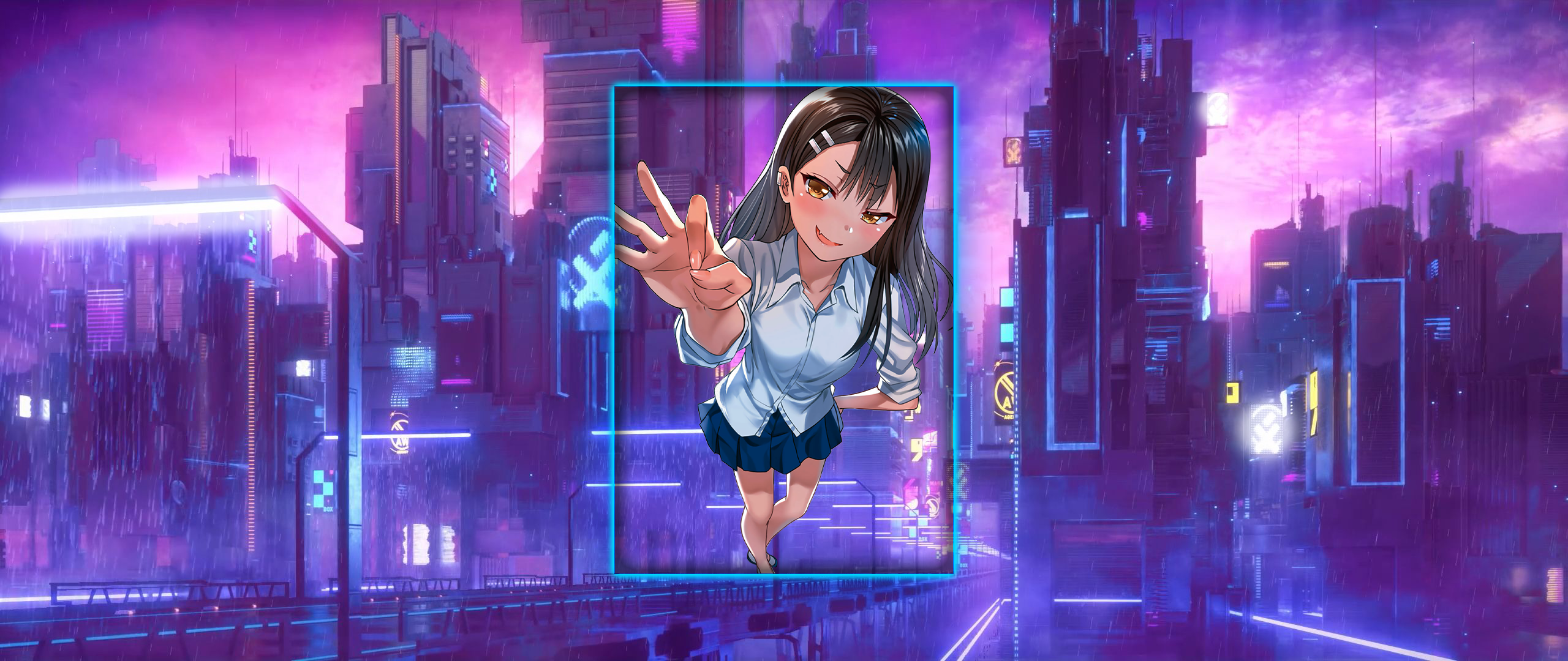 Nagatoro, cyber, ultrawide, Please dont bully me, cyberpunk, Nagatoro Hayase, purple background, picture-in-picture, anime girls HD Wallpaper