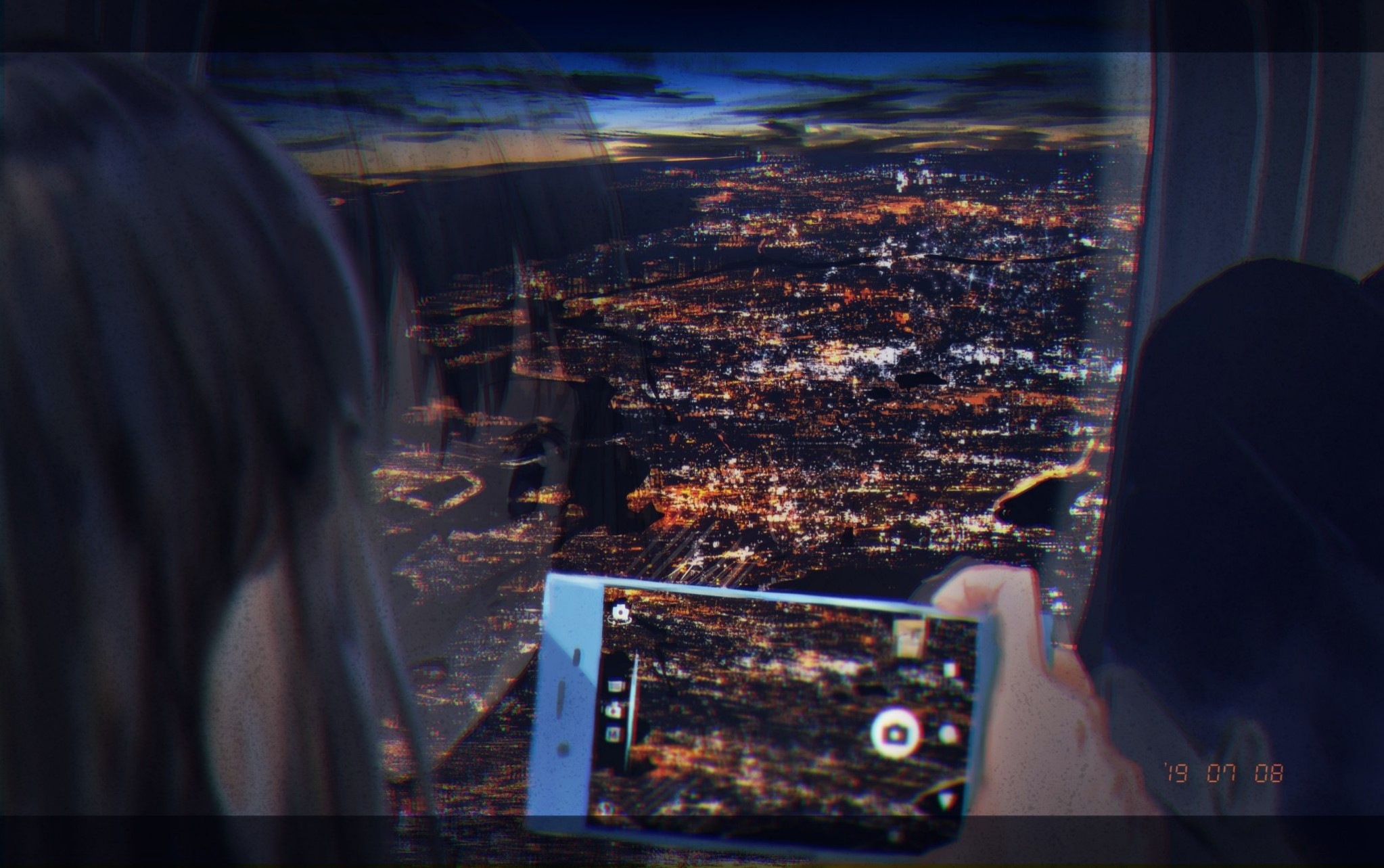 dark hair, artwork, smartphone, city lights, cityscape, Kotorin Neko, reflection, anime girls, anime, window, aircraft, sky, sunset HD Wallpaper