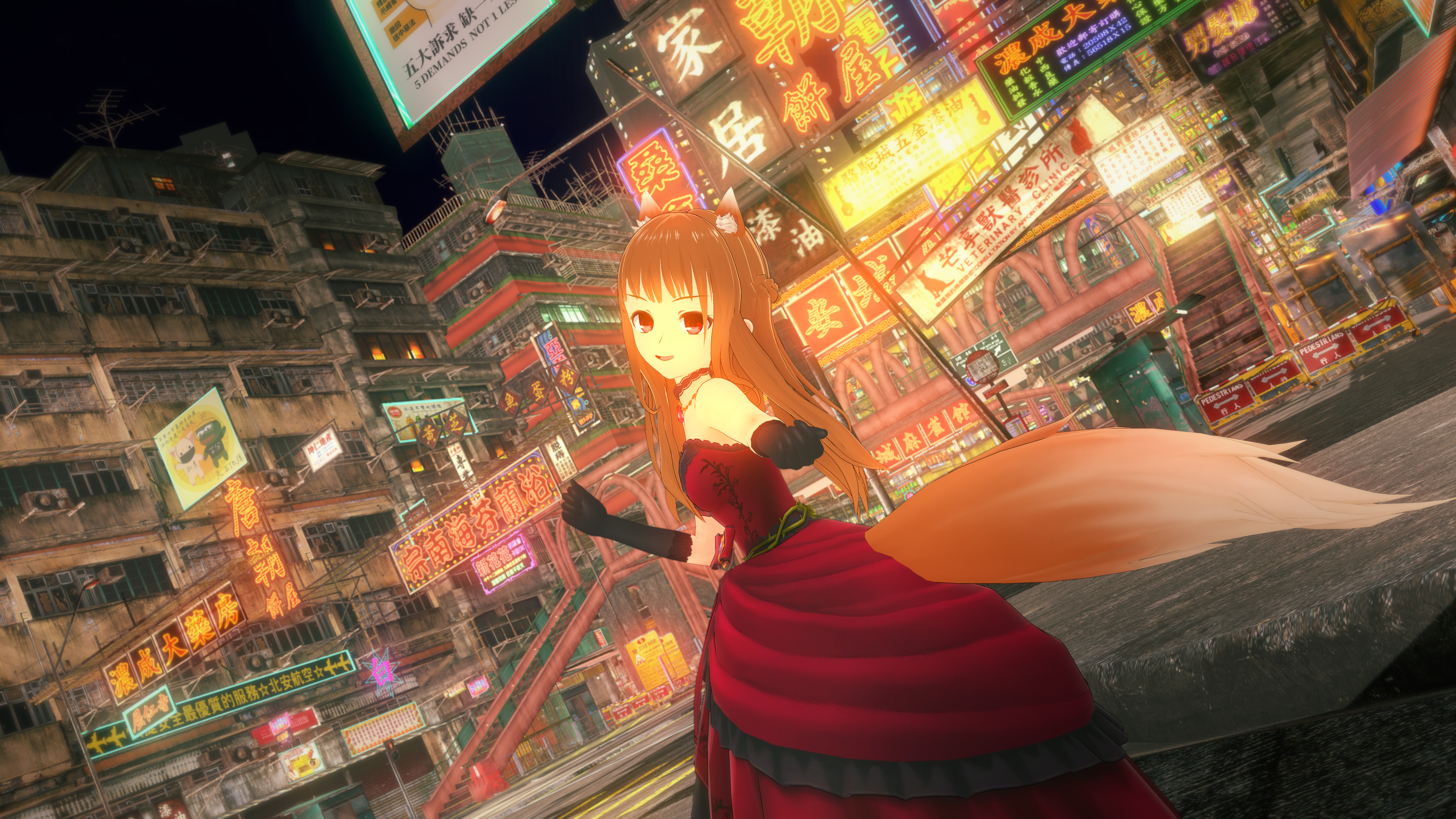 4K, city lights, dress, Holo (Spice and Wolf), red eyes, tail, Spice and Wolf HD Wallpaper
