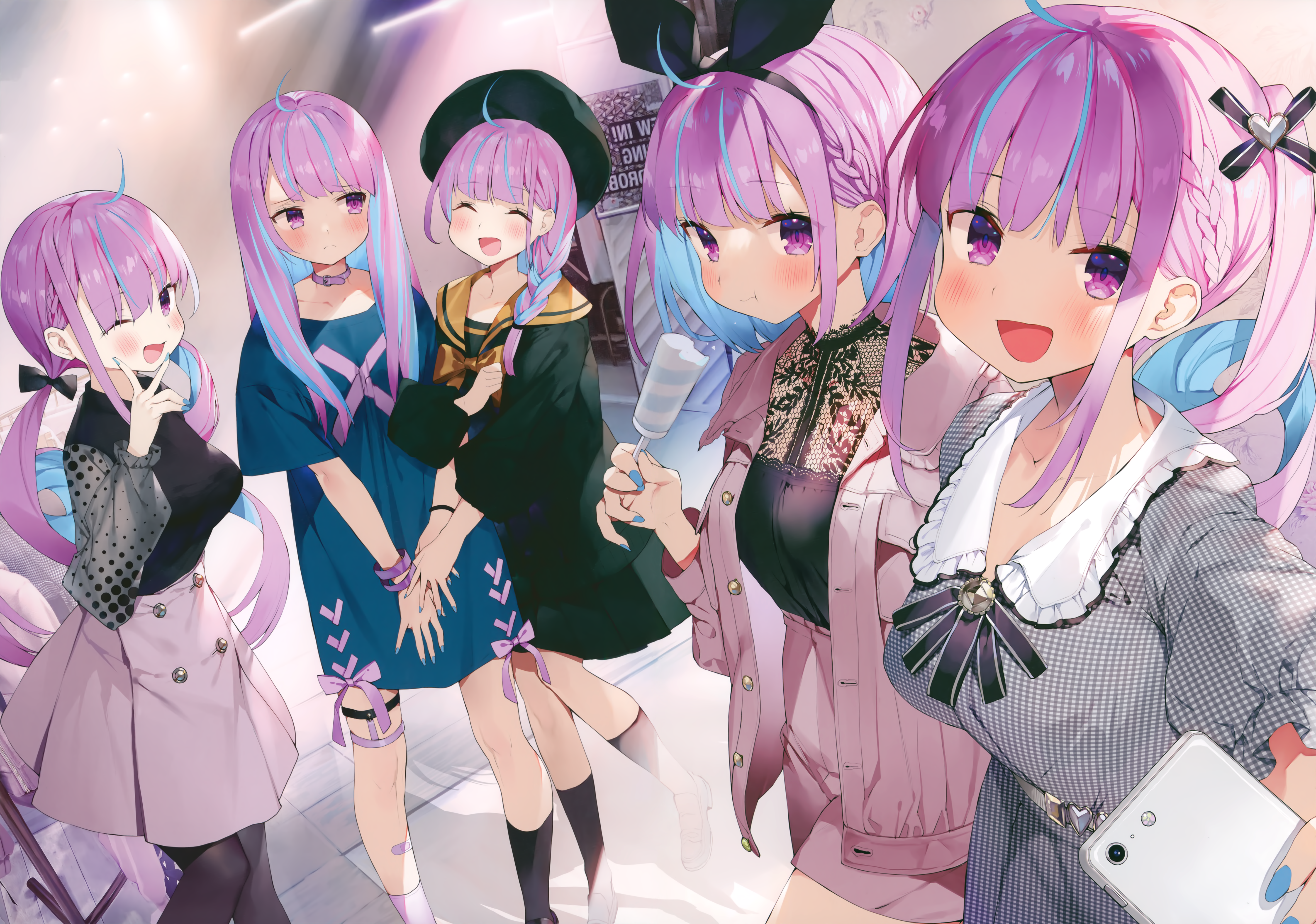 4K, Gaou, anime girls, selfies, purple eyes, smiling, artwork, Hololive, purple hair, dress, blush, Minato Aqua HD Wallpaper
