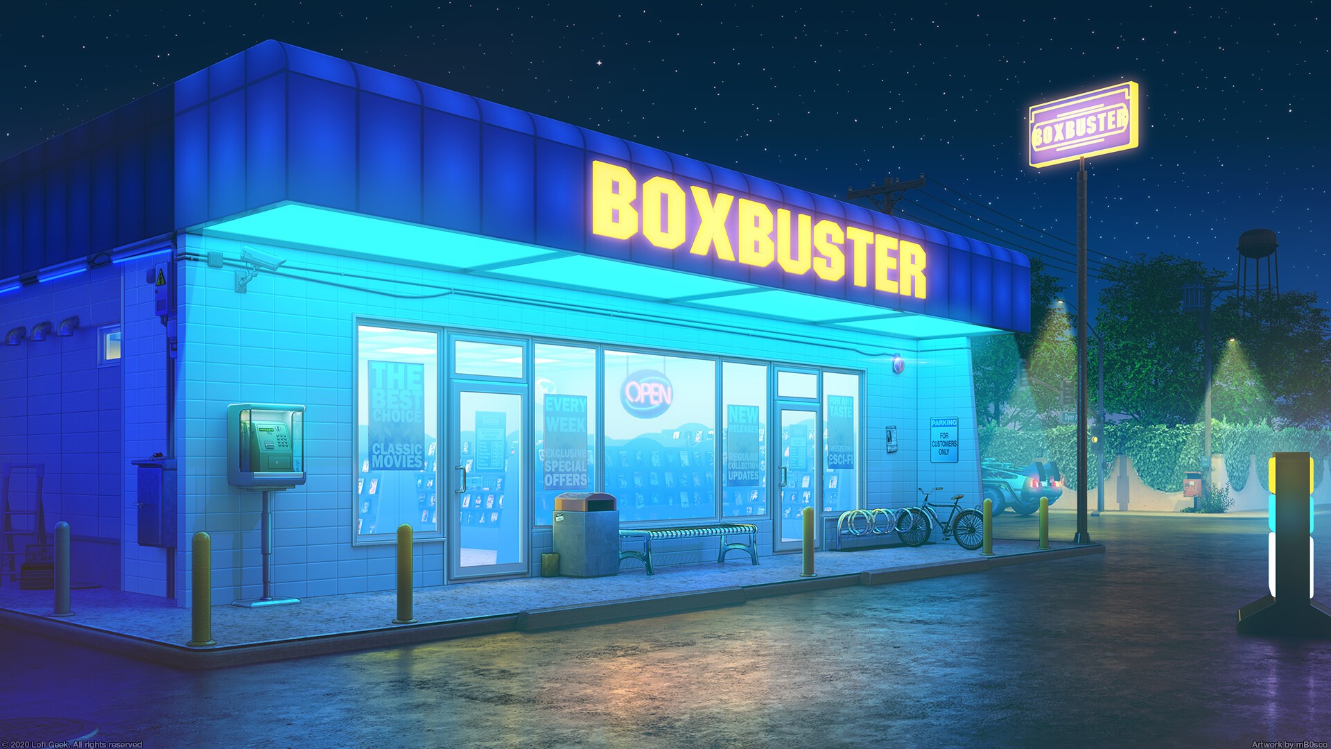 Bogdan mB0sco, digital art, bicycle, night, neon sign, digital, starry night, DeLorean, cyan, telephone booth HD Wallpaper