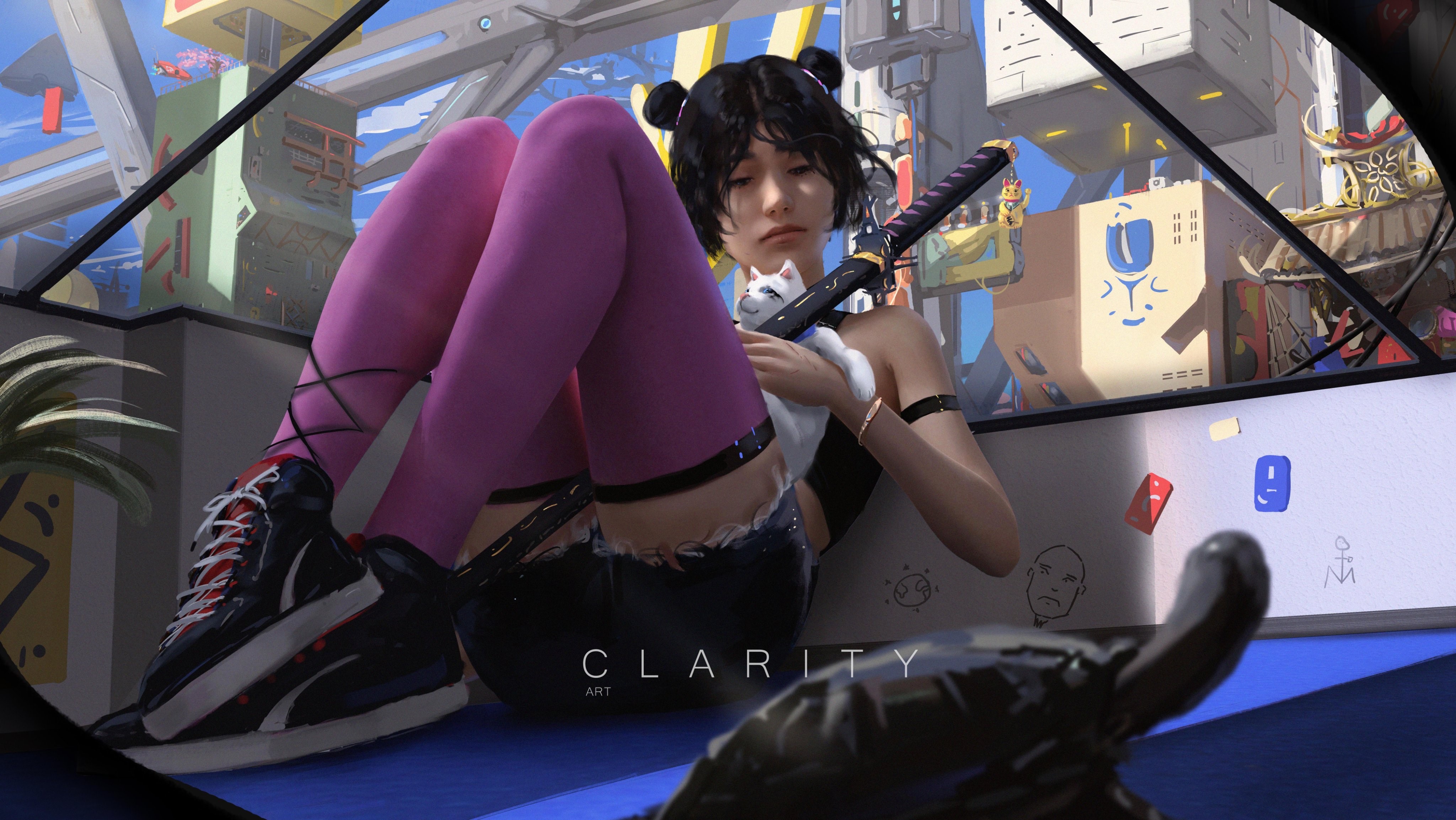 4K, warrior girls, CLA RITY, katana, original characters, turtle, cat and girl, digital art HD Wallpaper