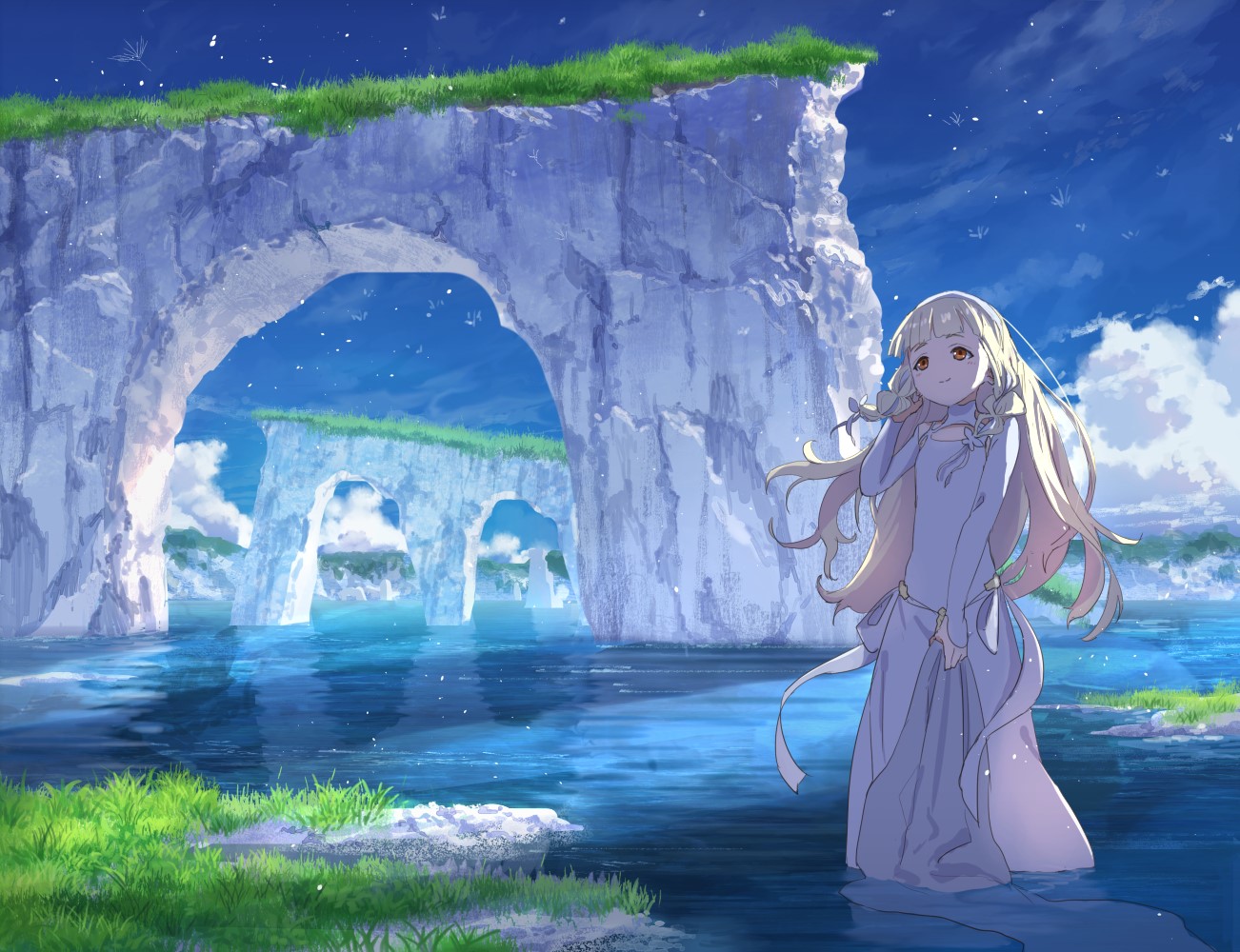 outdoors, rock, dress, anime, in water, long hair, anime girls, standing, women outdoors, Maquia: When the Promised Flower Blooms HD Wallpaper