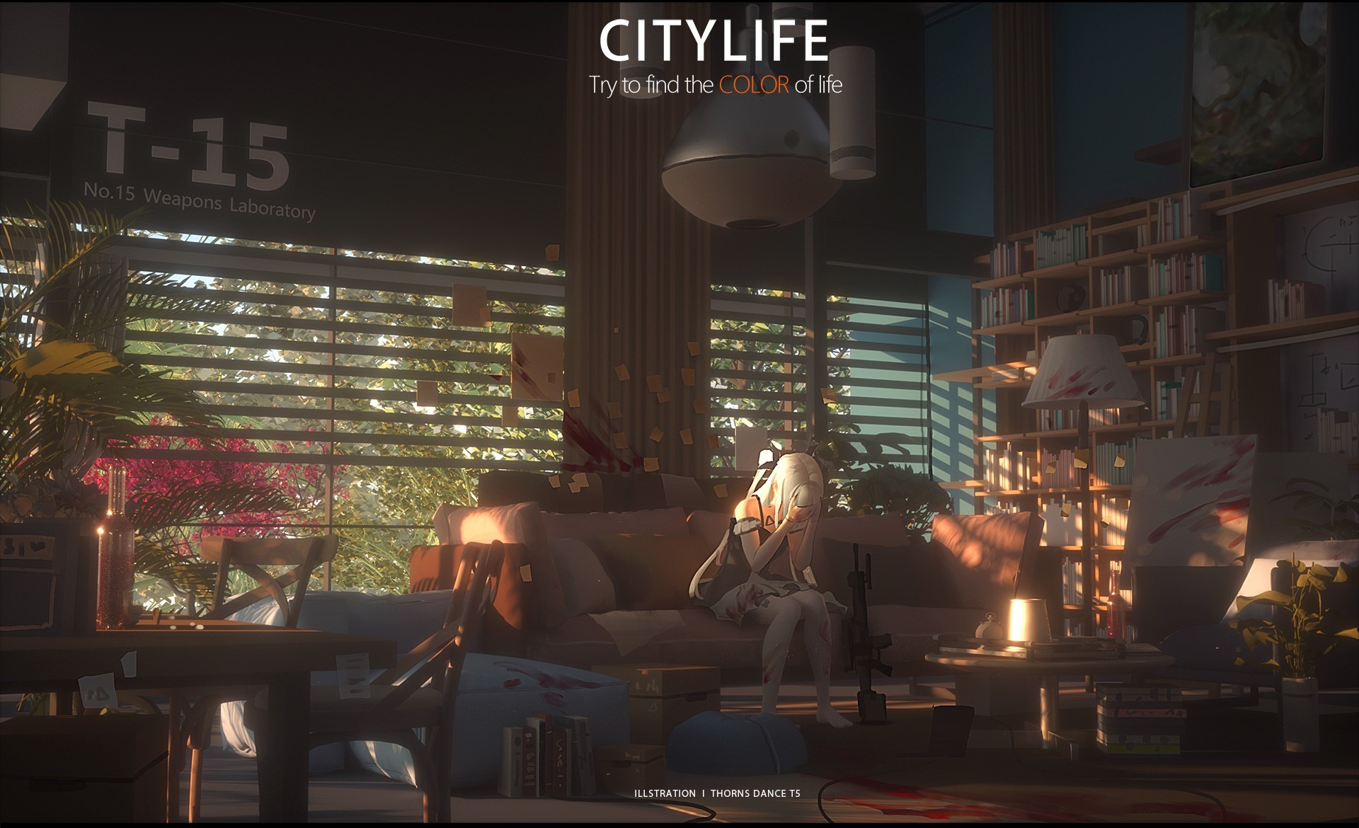 interior, sitting, anime girls, anime, girls with guns, couch, jalousie light effect, indoors HD Wallpaper