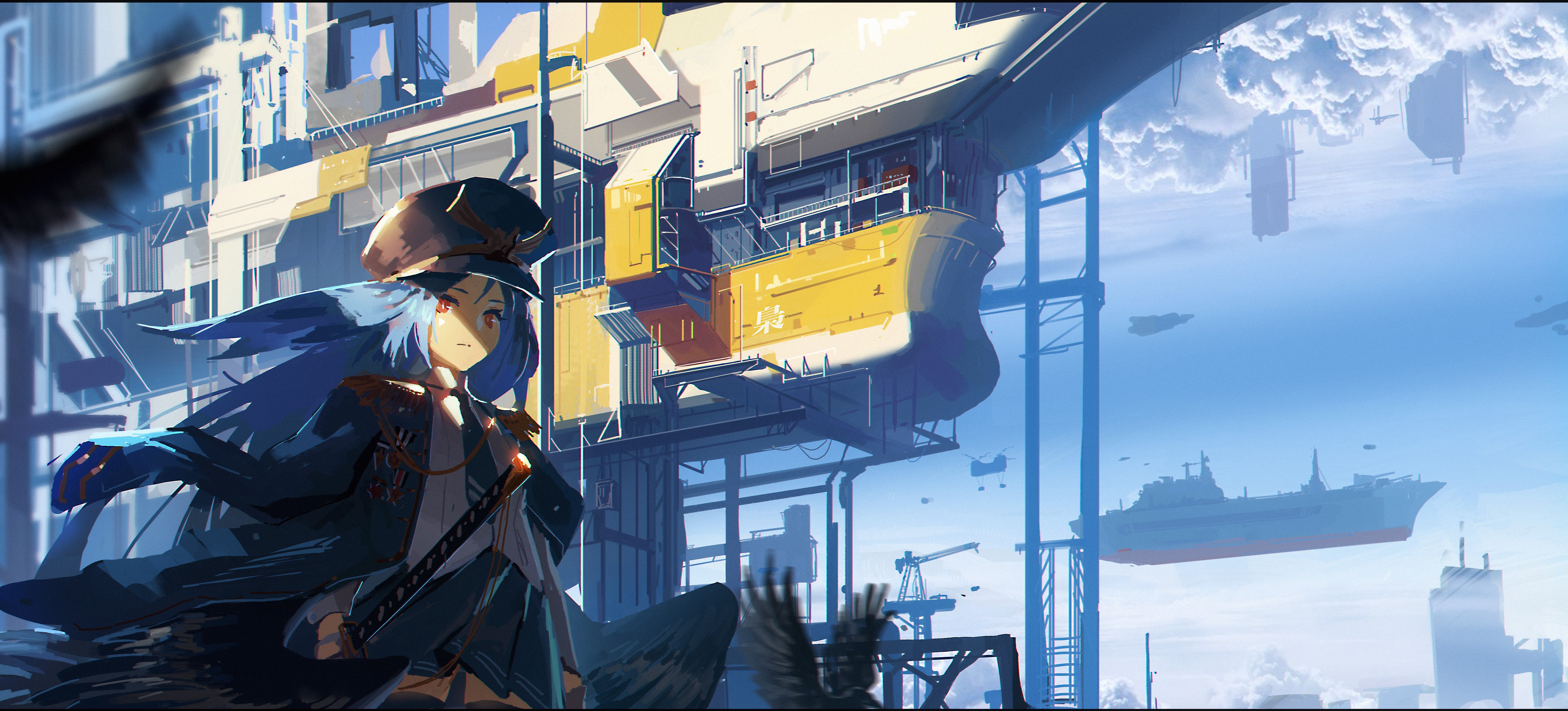 4K, hat, blue hair, long hair, uniform, anime, Doitsu no Kagaku, artwork, anime girls, cyberpunk, women with hats, vehicle, red eyes HD Wallpaper