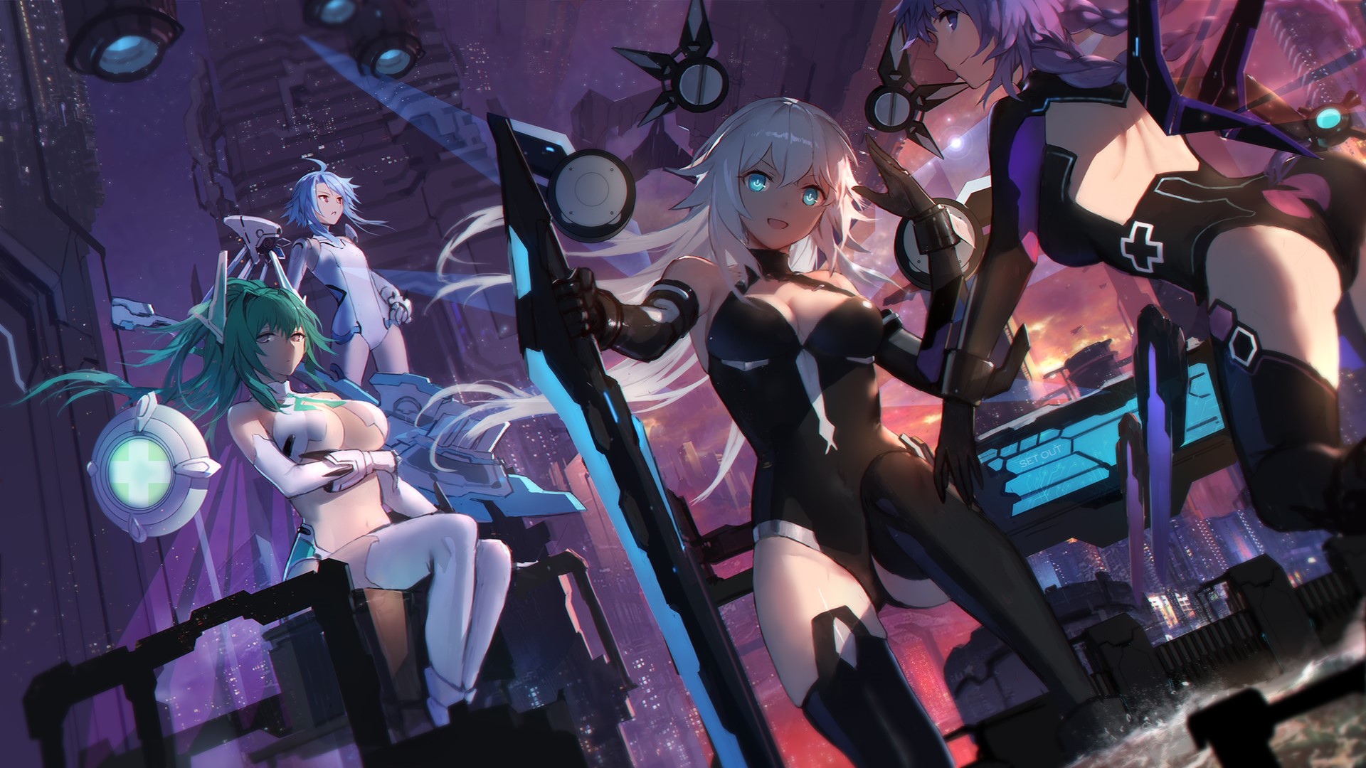 White Heart, Hyperdimension Neptunia, Black Heart, Green Heart, anime girls, Purple Heart, bodysuit, swd3e2, artwork HD Wallpaper