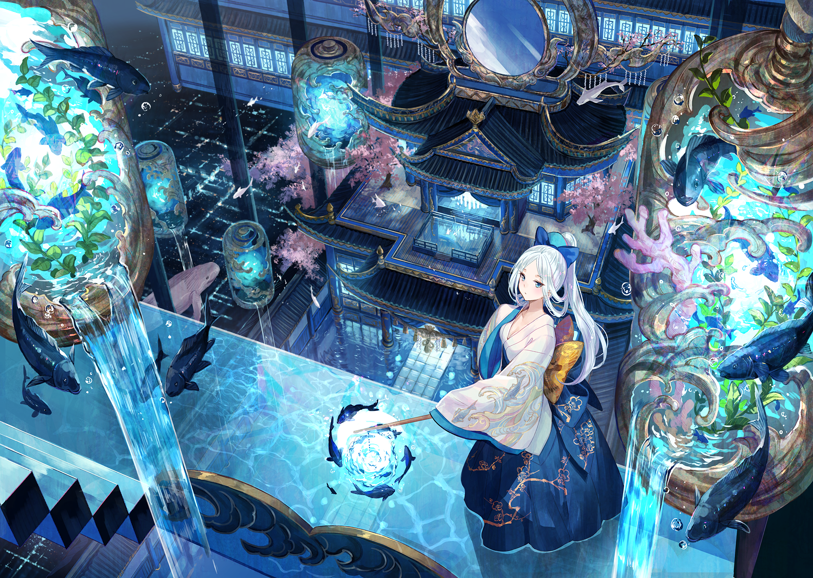 anime girls, silver hair, artwork, blue eyes, ponytail, Fuji Choko, water, fuzichoco HD Wallpaper