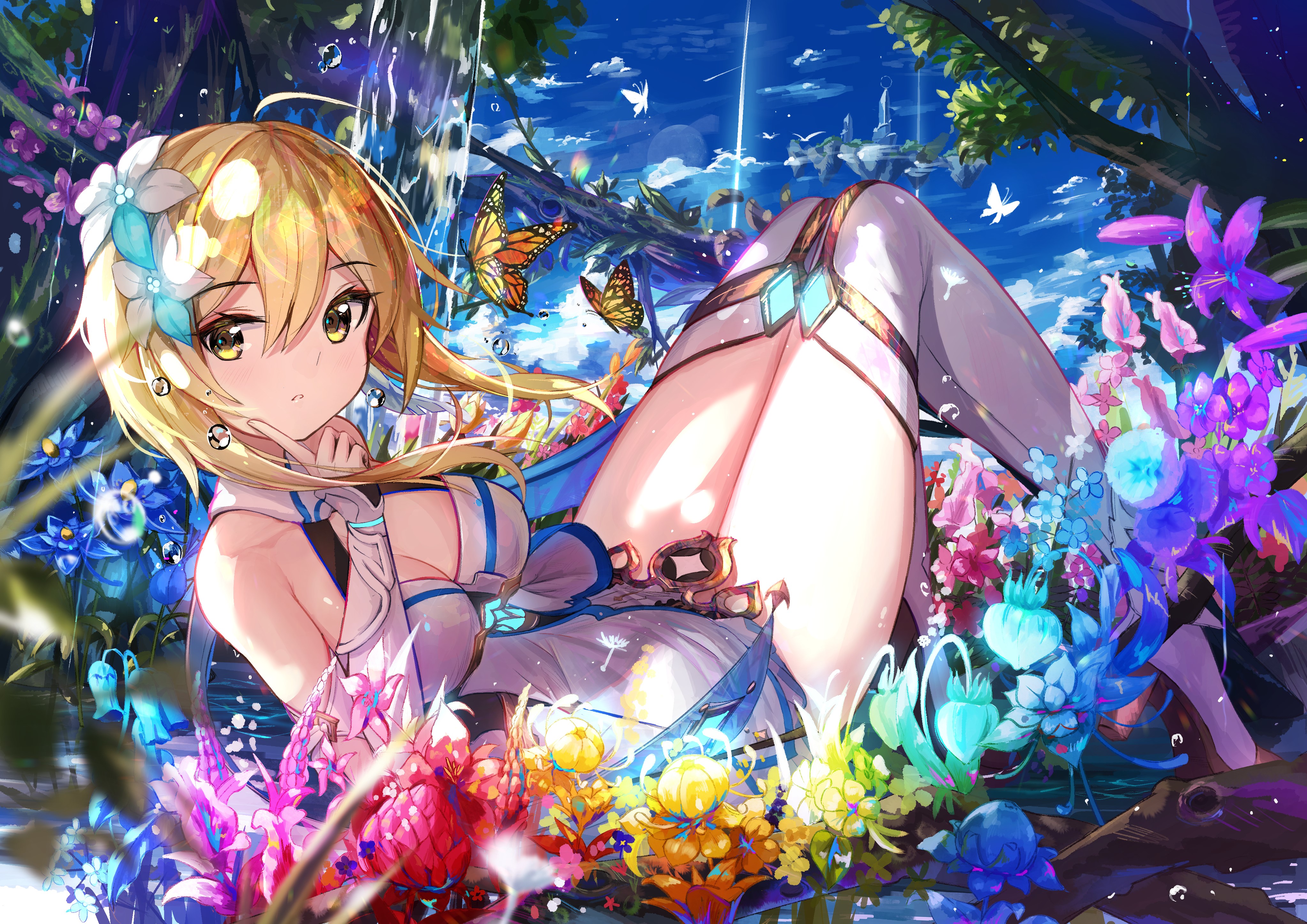 4K, Lumine (Genshin Impact), artwork, anime girls, blonde, prinz_eugen1938, cleavage, colorful, lying on back, anime, Genshin Impact, flowers, legs HD Wallpaper