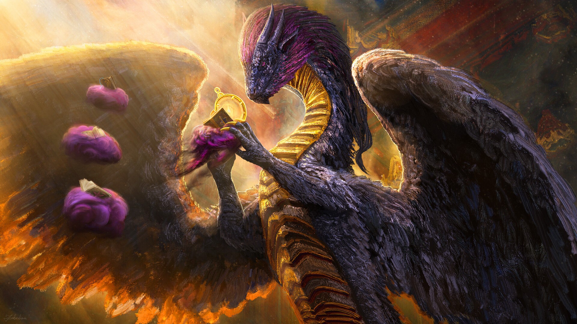 books, fantasy art, Yuliya Zabelina, digital art, library, reading, dragon HD Wallpaper